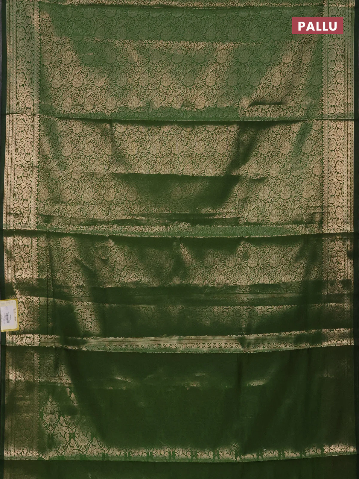 Semi soft silk saree green with allover zari woven brocade weaves -Without blouse - Image 3