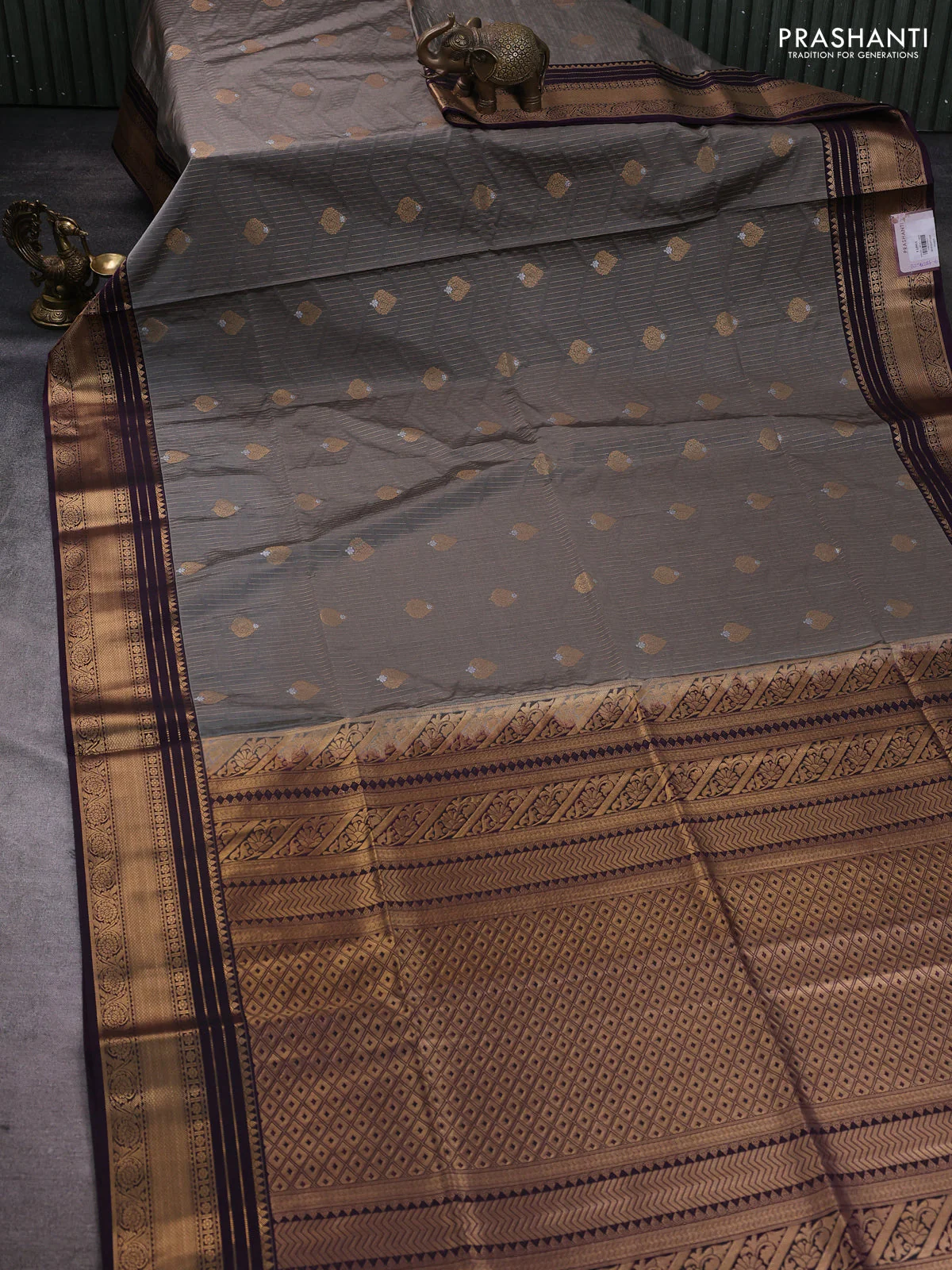 Semi soft silk saree grey and purple with allover zari weaves & buttas and zari woven border - Image 2