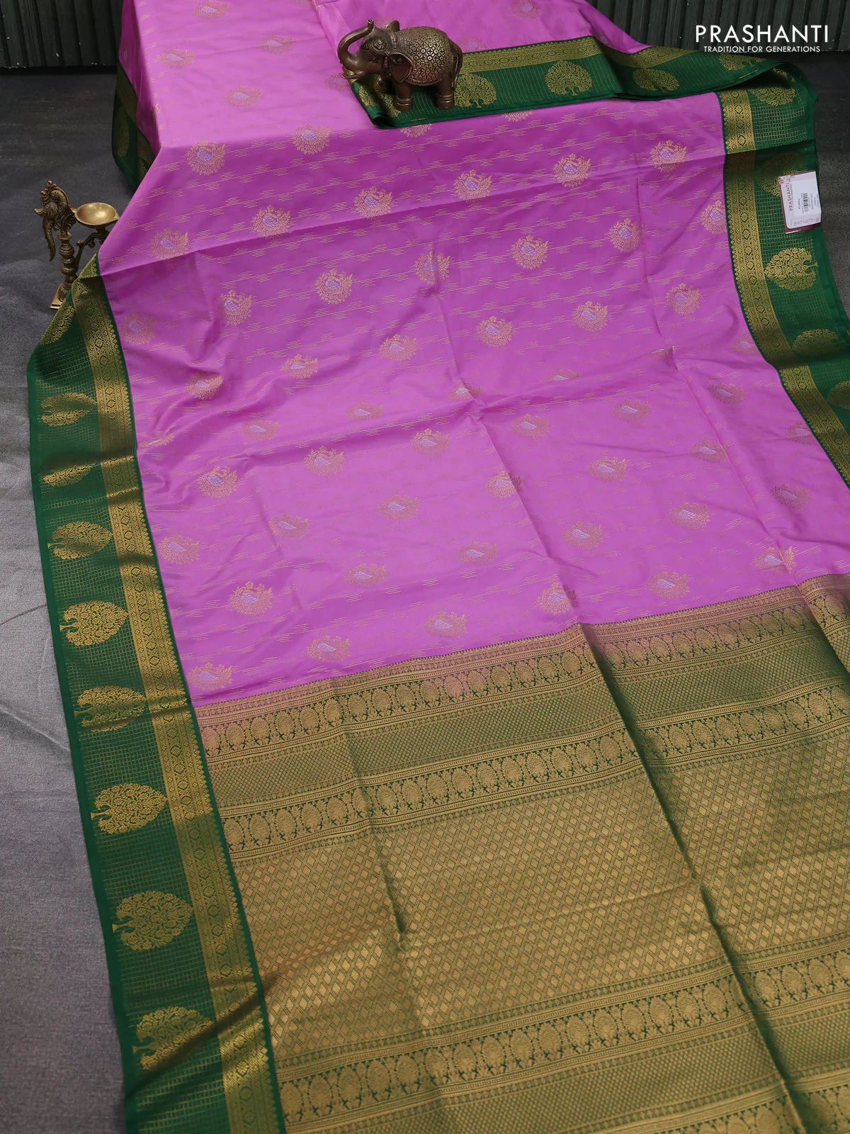 Semi soft silk saree lavender and green with allover zari woven buttas and zari woven korvai border - Image 2