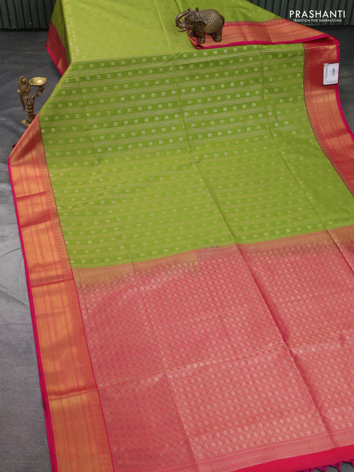 Semi soft silk saree light green and pink with allover zari weaves & buttas and zari woven border - Image 2