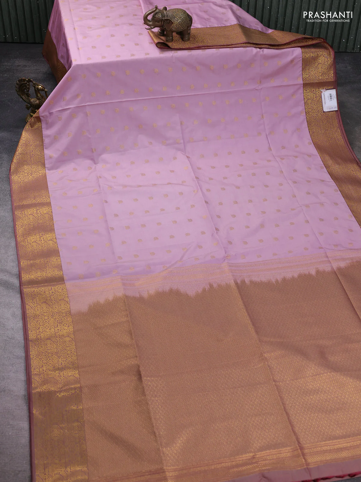 Semi soft silk saree mild lavender and pastel maroon with allover zari woven buttas and zari woven border - Image 2