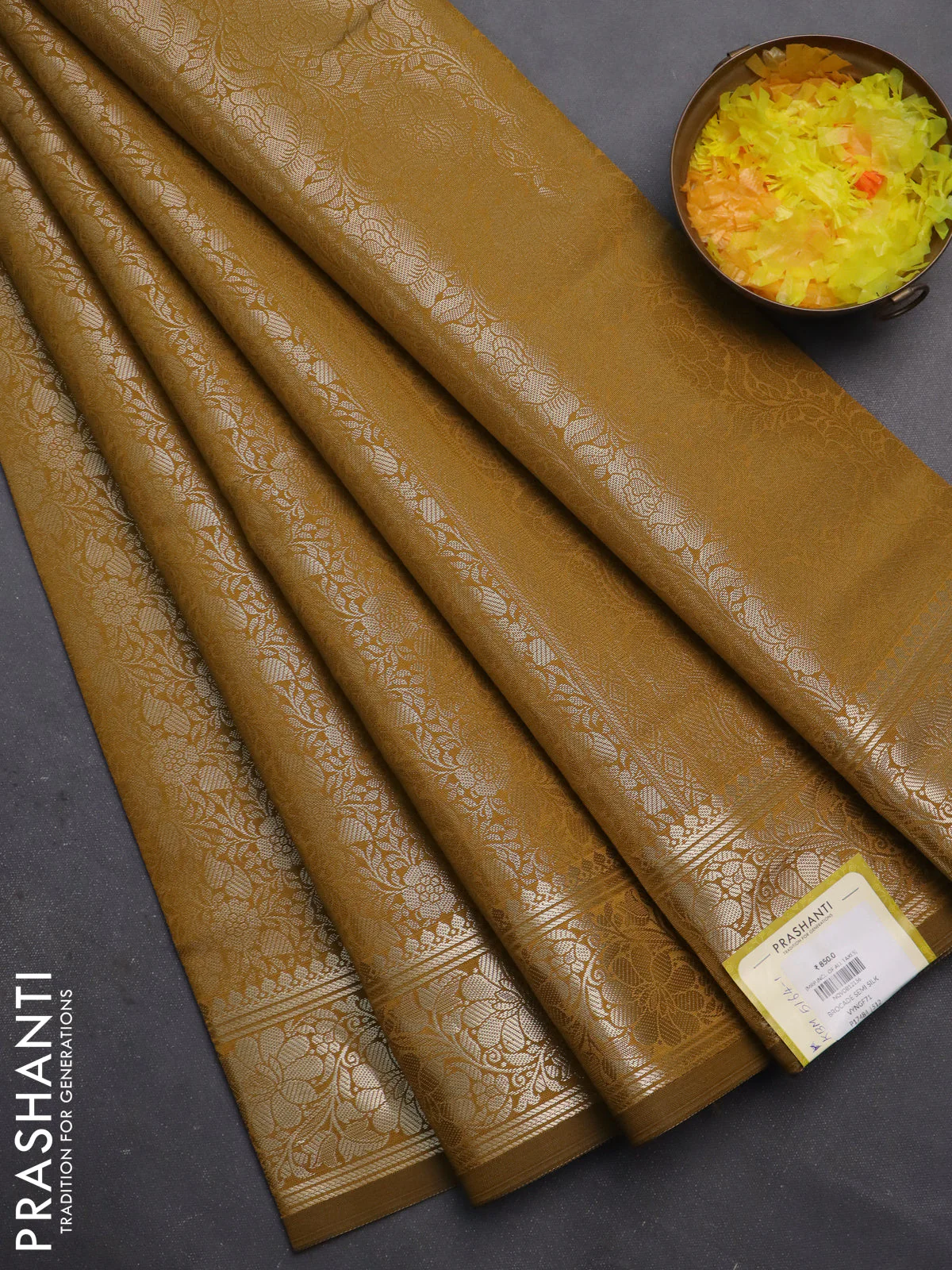 Semi soft silk saree mustard shade with allover zari woven brocade weaves -Without blouse