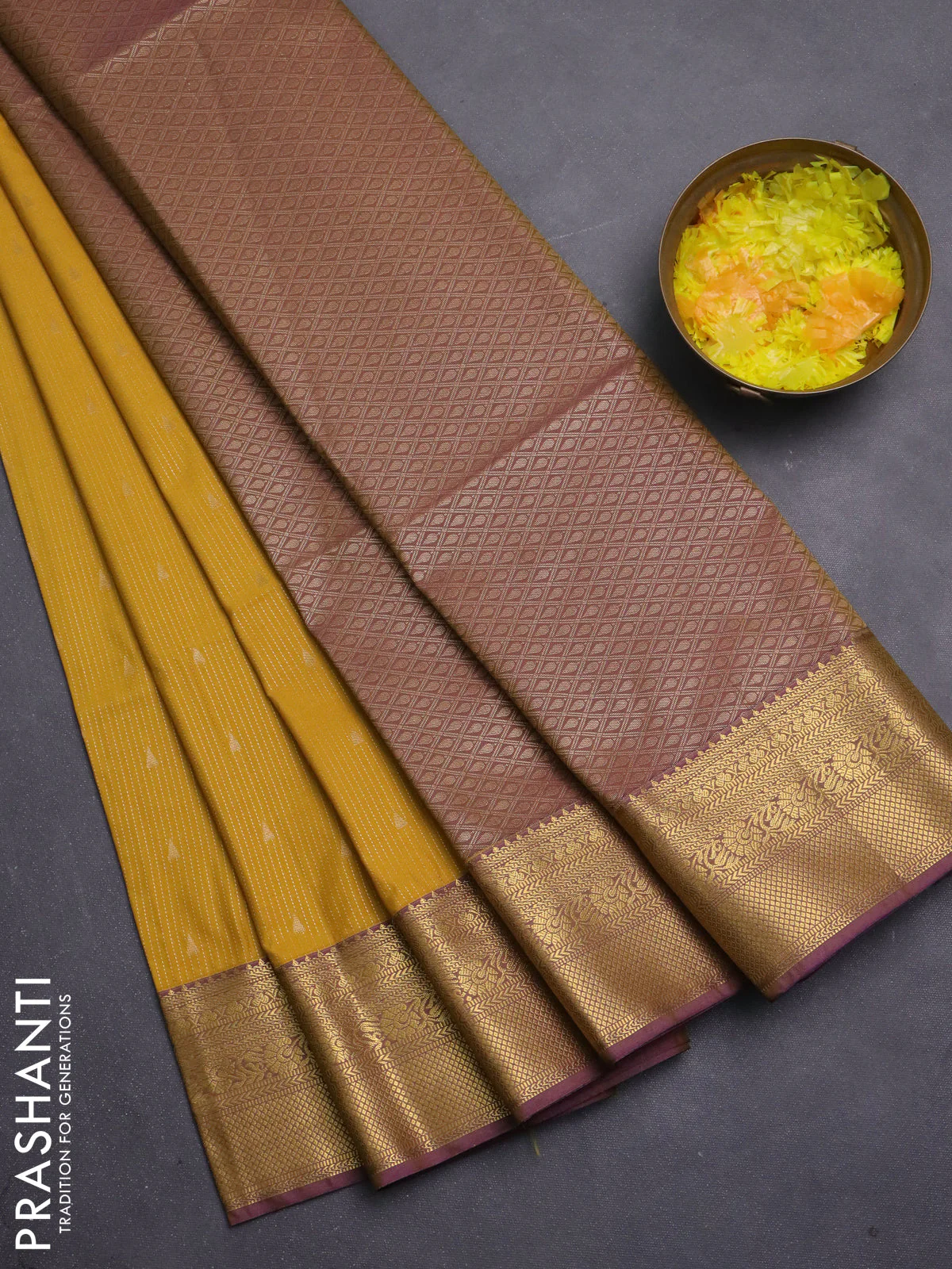 Semi soft silk saree mustard yellow and dual shade of purple with allover zari weaves & buttas and zari woven border