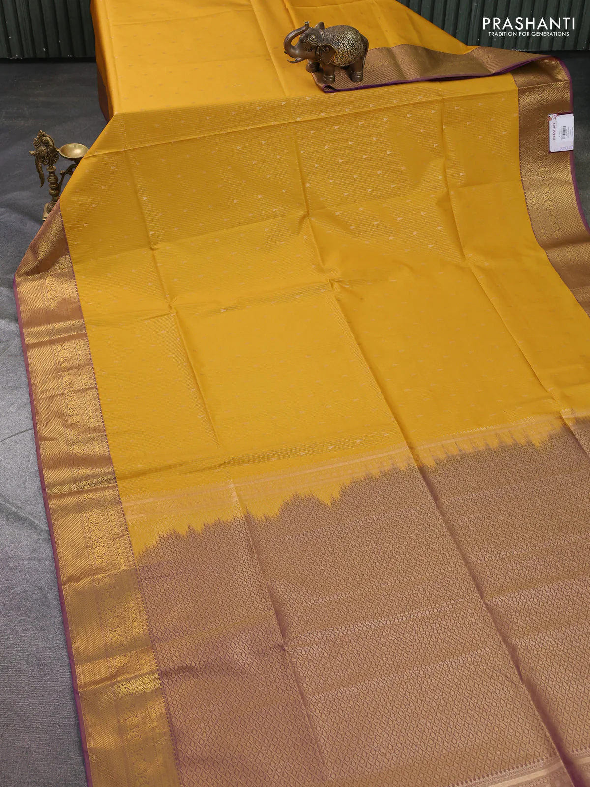 Semi soft silk saree mustard yellow and dual shade of purple with allover zari weaves & buttas and zari woven border - Image 2