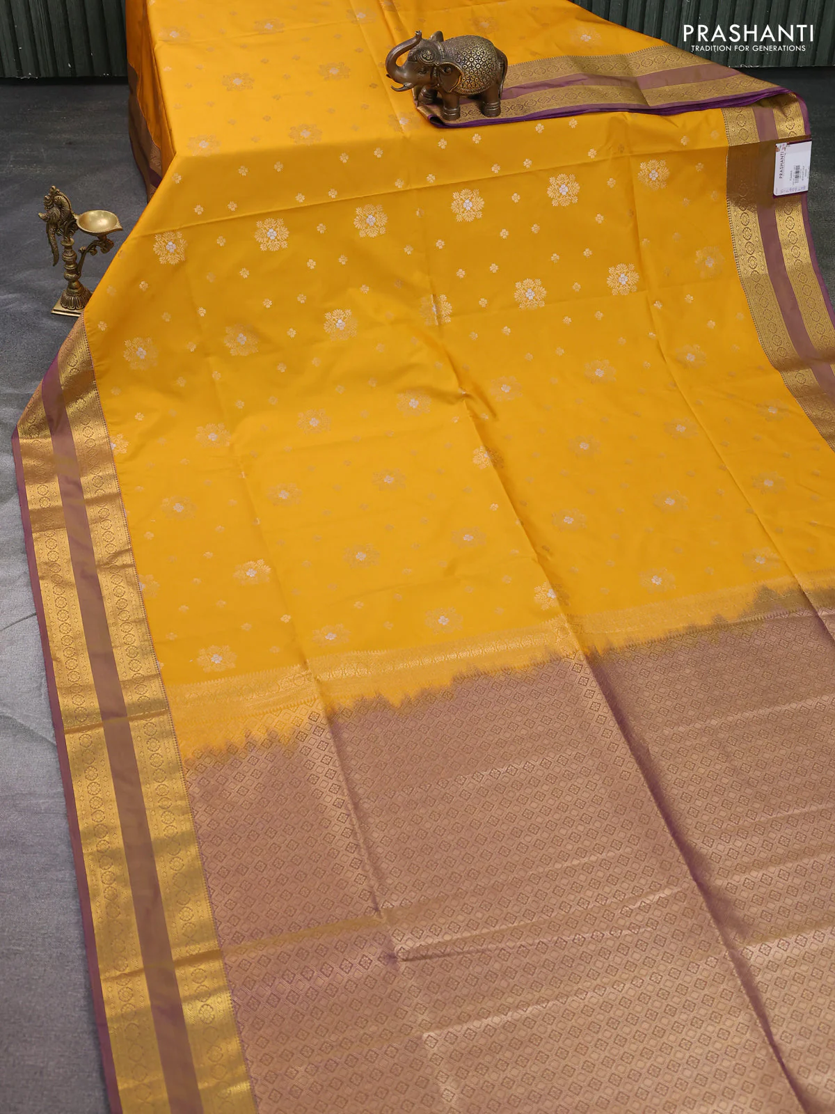 Semi soft silk saree mustard yellow and dual shade of purple with allover zari woven buttas and zari woven korvai border - Image 2