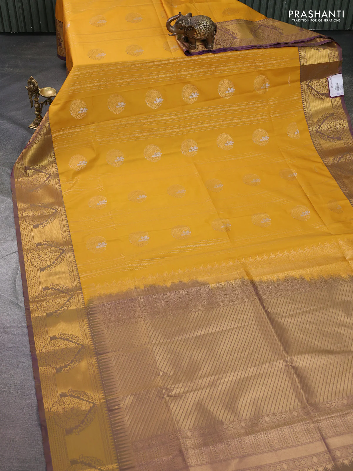 Semi soft silk saree mustard yellow and violet with allover zari weaves & buttas and zari woven butta korvai border - Image 2