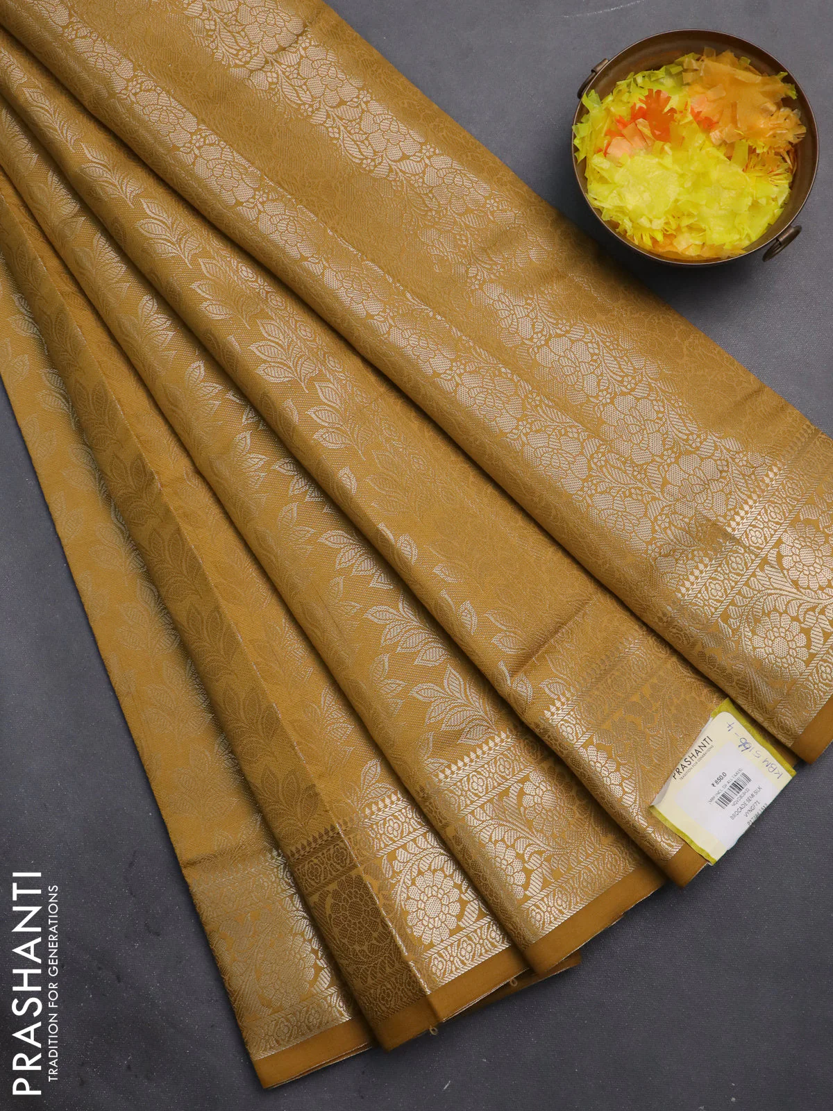 Semi soft silk saree mustard yellow with allover zari woven brocade weaves -Without blouse