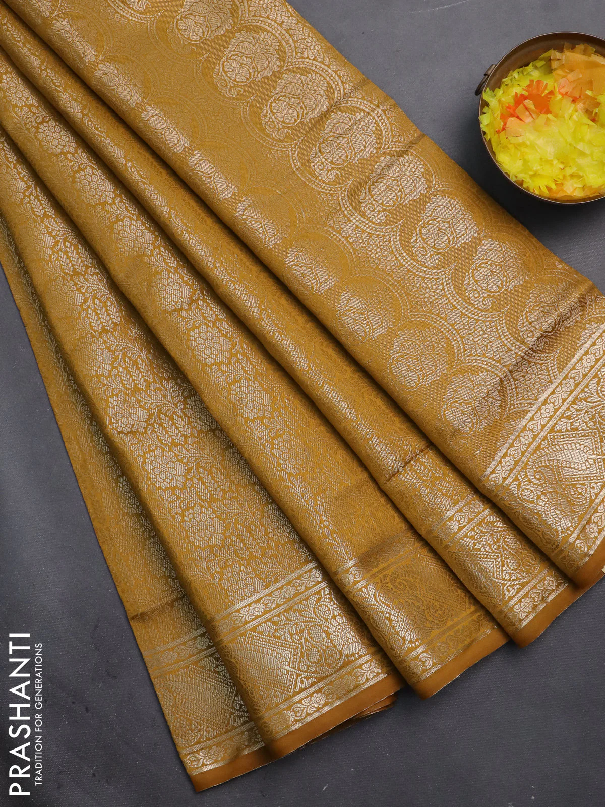 Semi soft silk saree mustard yellow with allover zari woven brocade weaves -Without blouse