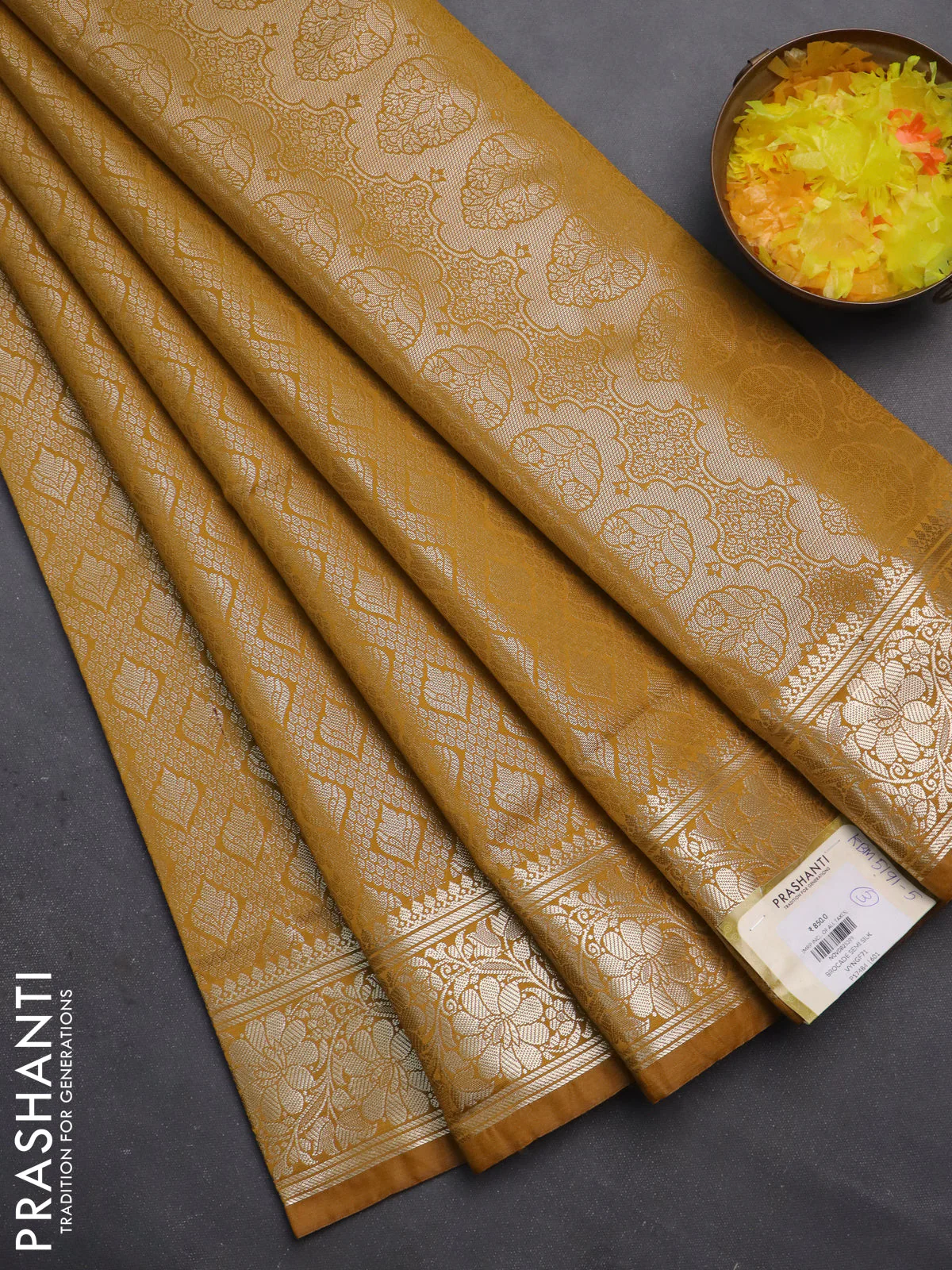 Semi soft silk saree mustard yellow with allover zari woven brocade weaves -Without blouse