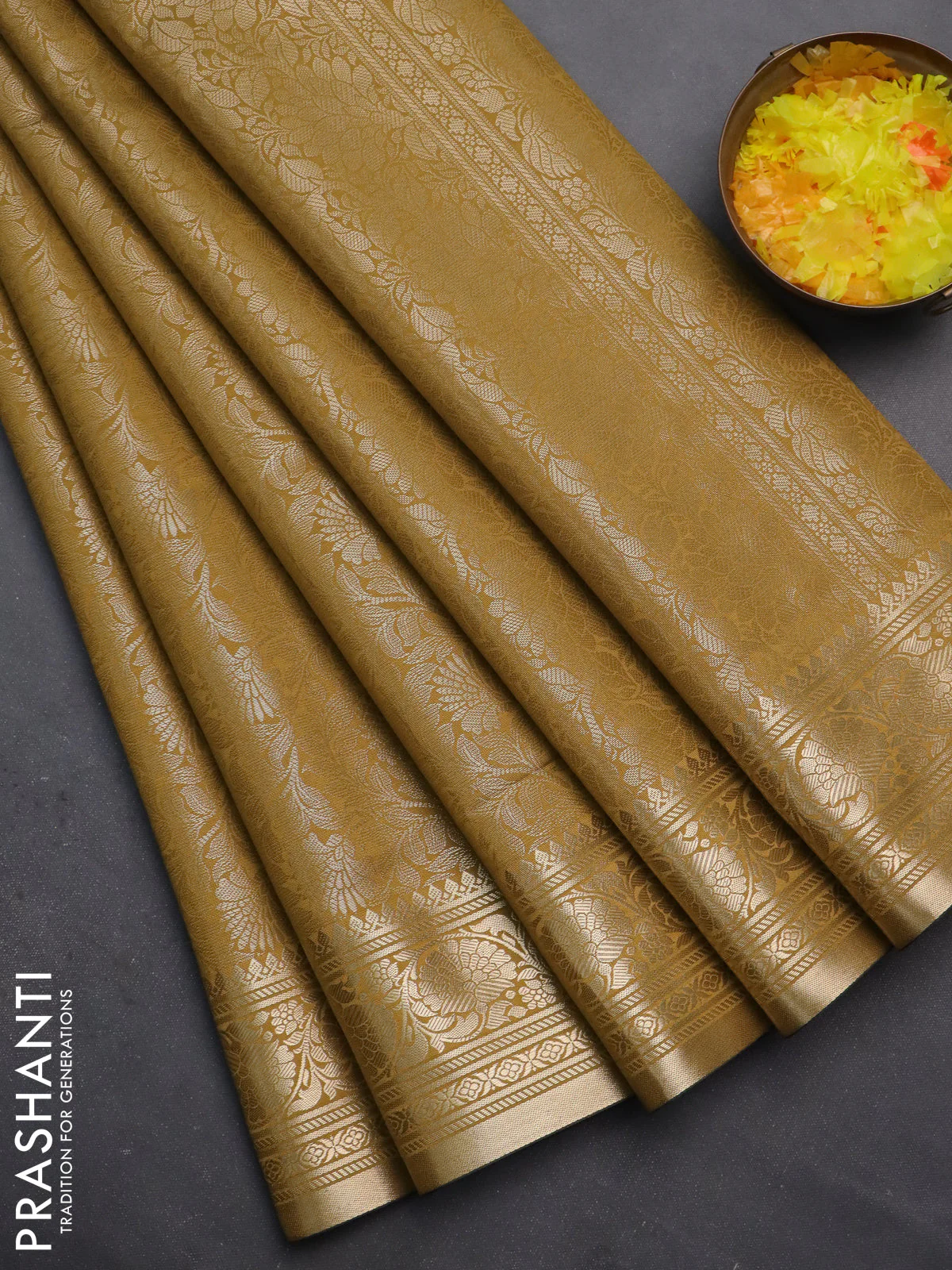 Semi soft silk saree mustard yellow with allover zari woven brocade weaves -Without blouse
