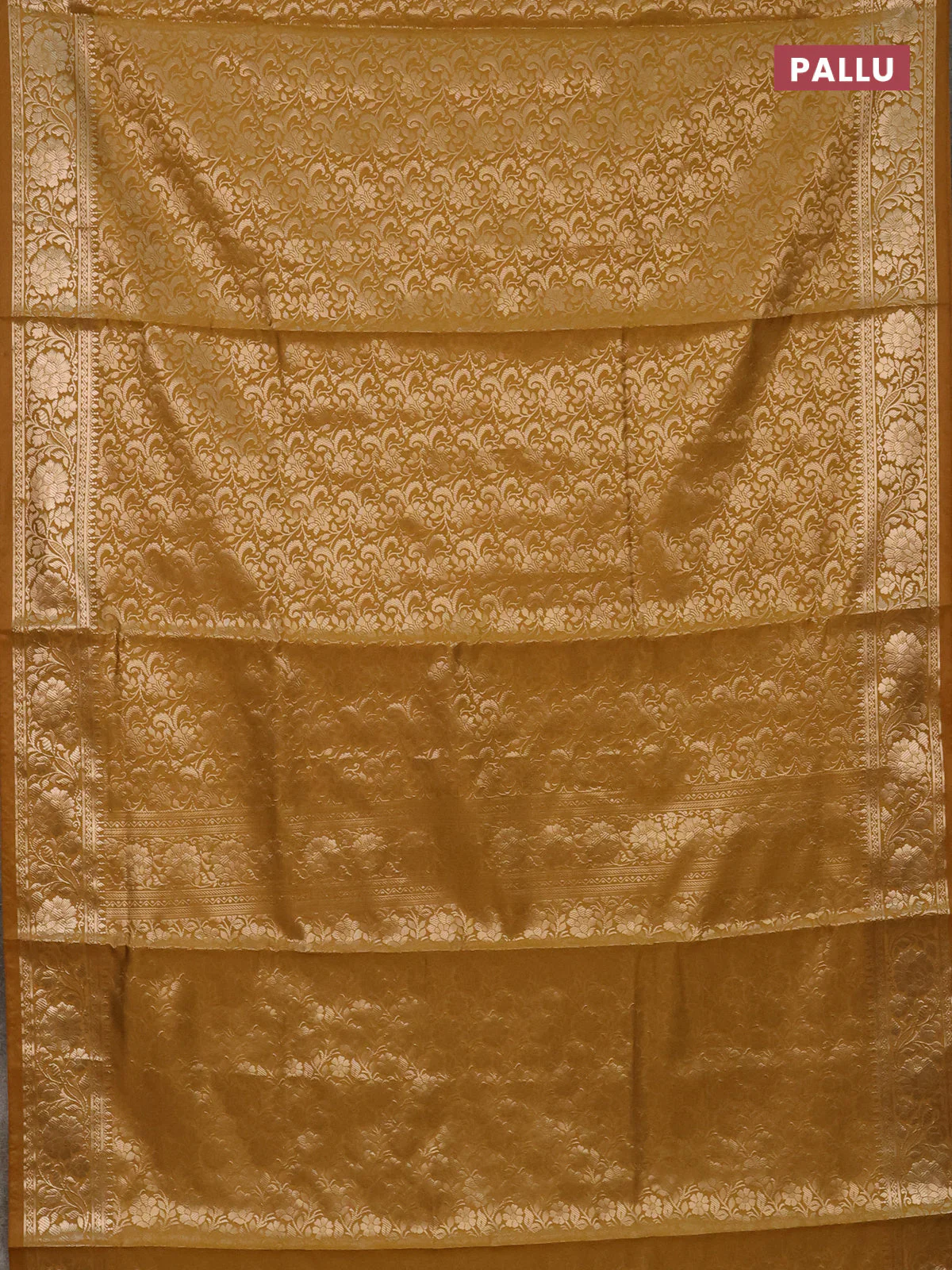Semi soft silk saree mustrad yellow with allover zari woven brocade weaves -Without blouse - Image 3
