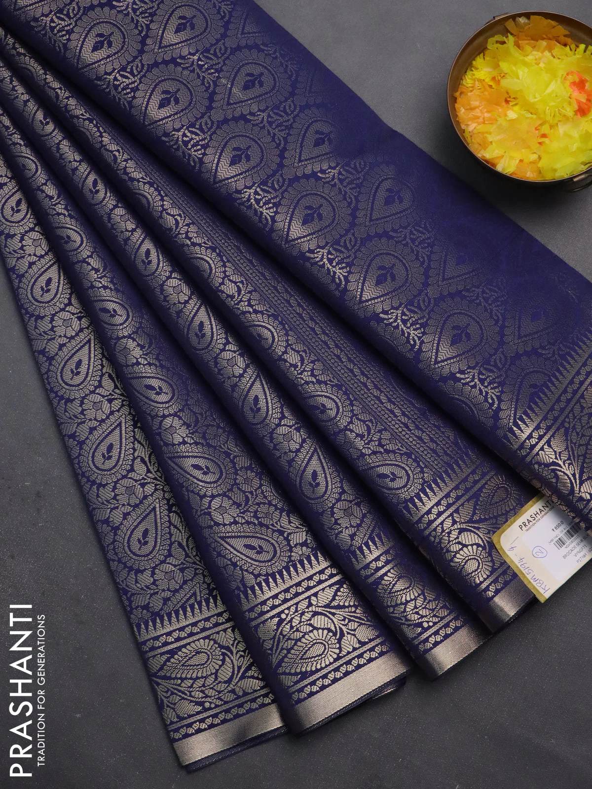 Semi soft silk saree navy blue with allover zari woven brocade weaves -Without blouse