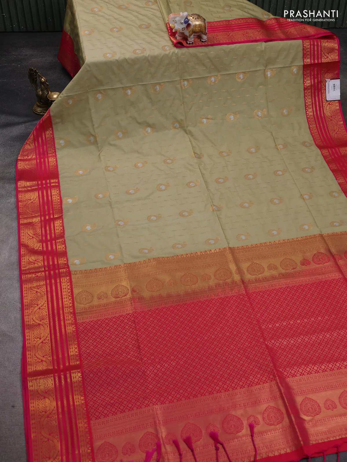 Semi soft silk saree pastel green and pink with allover zari woven buttas and zari woven border - Image 2