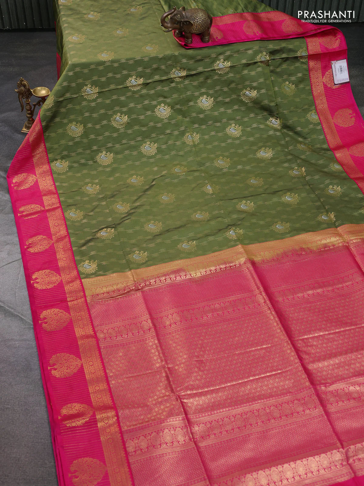 Semi soft silk saree pastel green and pink with allover zari woven buttas and zari woven korvai border - Image 2