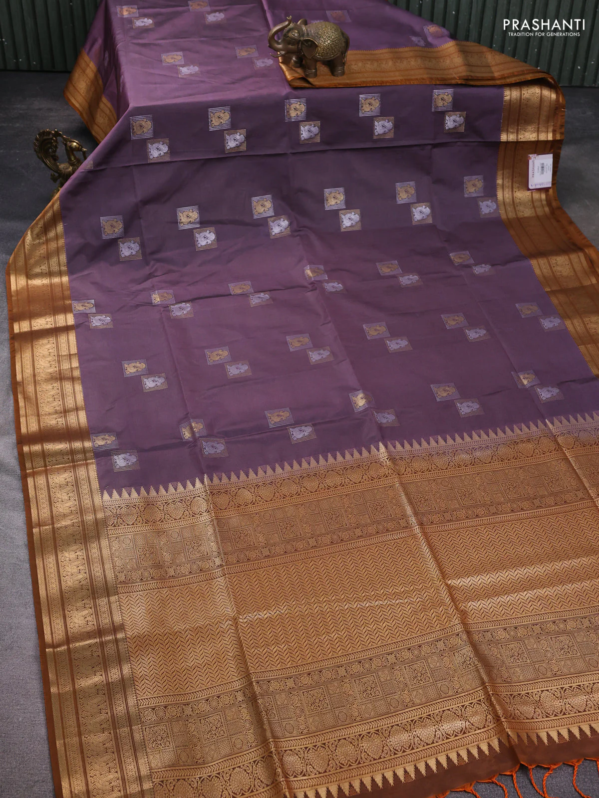 Semi soft silk saree pastel purple and dark mustard with zari woven buttas and zari woven border - Image 2