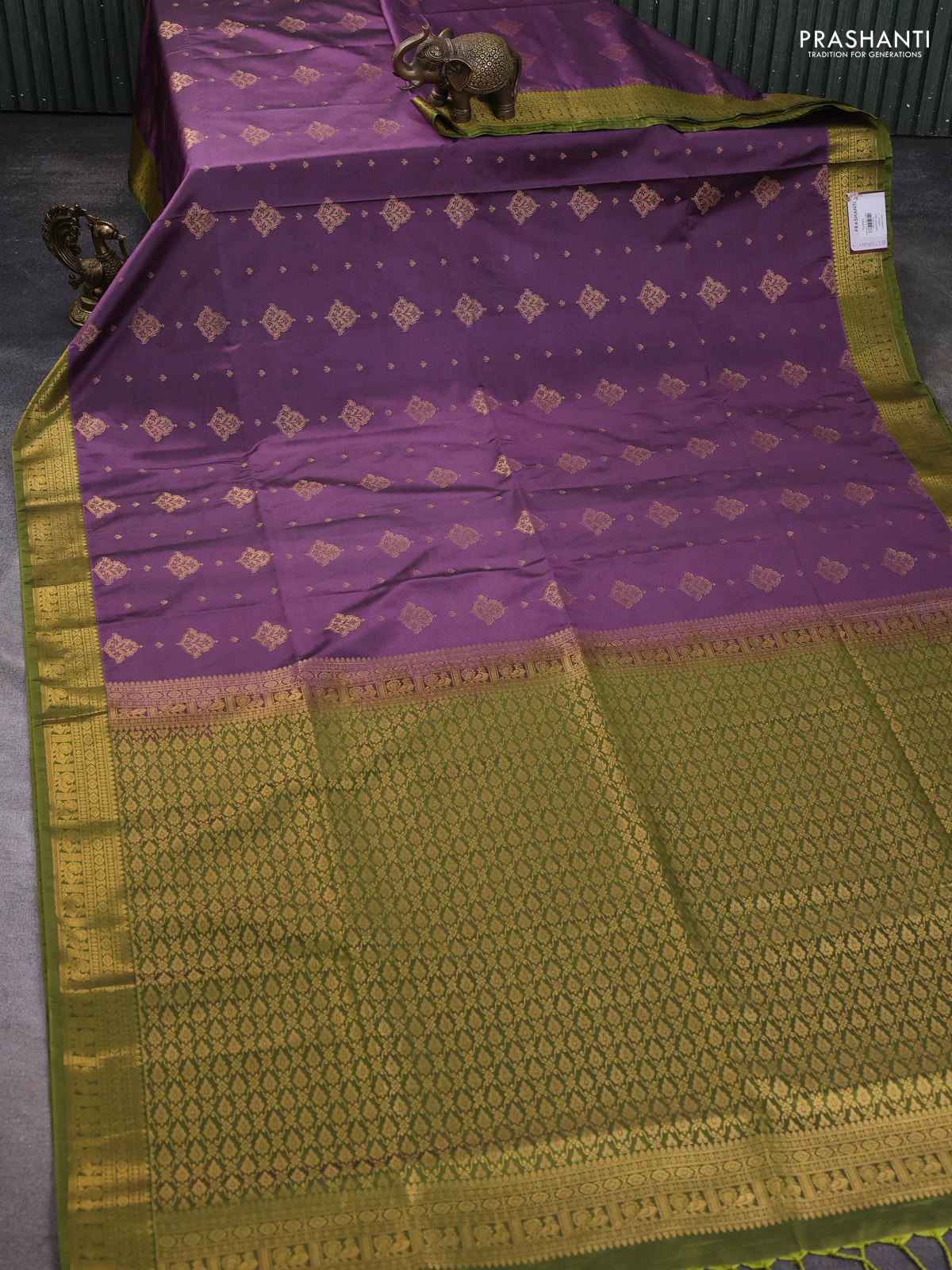 Semi soft silk saree pastel purple and light green with allover zari woven buttas and zari woven korvai border - Image 2