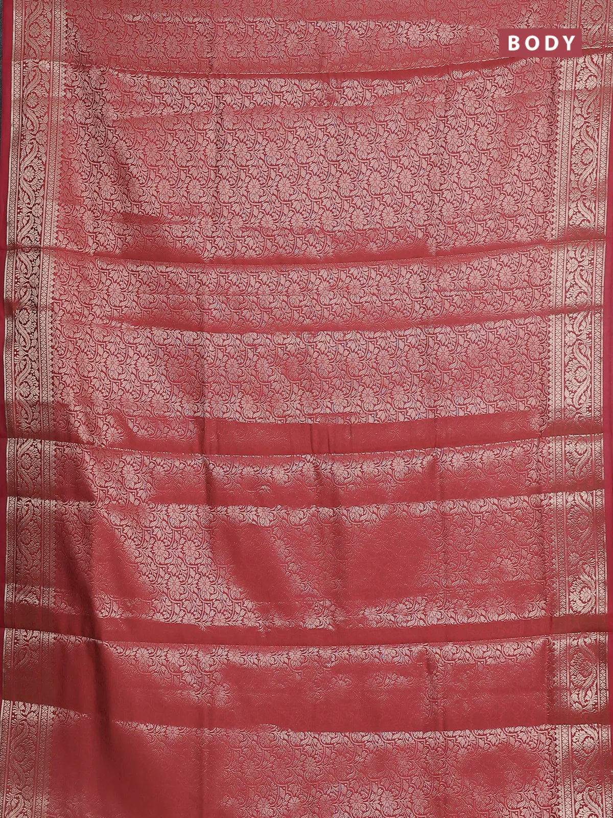Semi soft silk saree peach orange with allover zari woven brocade weaves -Without blouse - Image 2