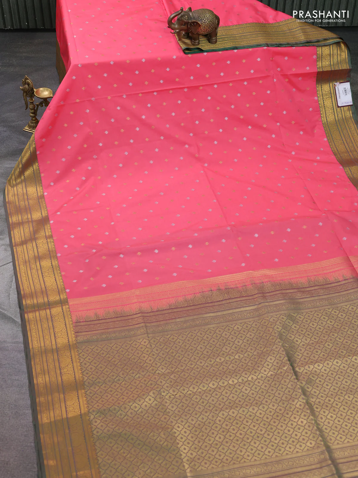 Semi soft silk saree peach pink and green with allover zari woven buttas and zari woven korvai border - Image 2