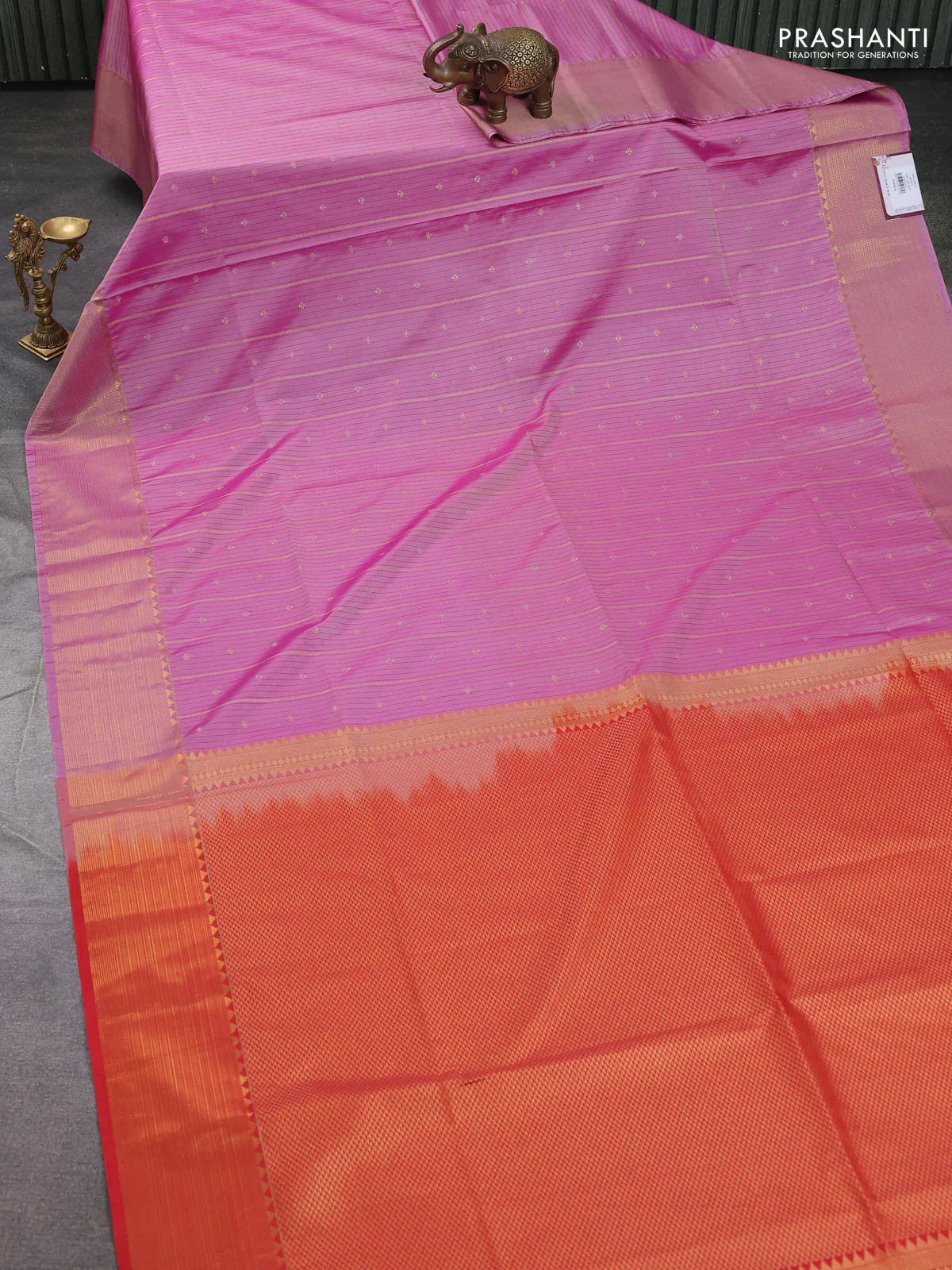 Semi soft silk saree peach pink and orange with allover zari weaves & buttas and zari woven korvai border - Image 2