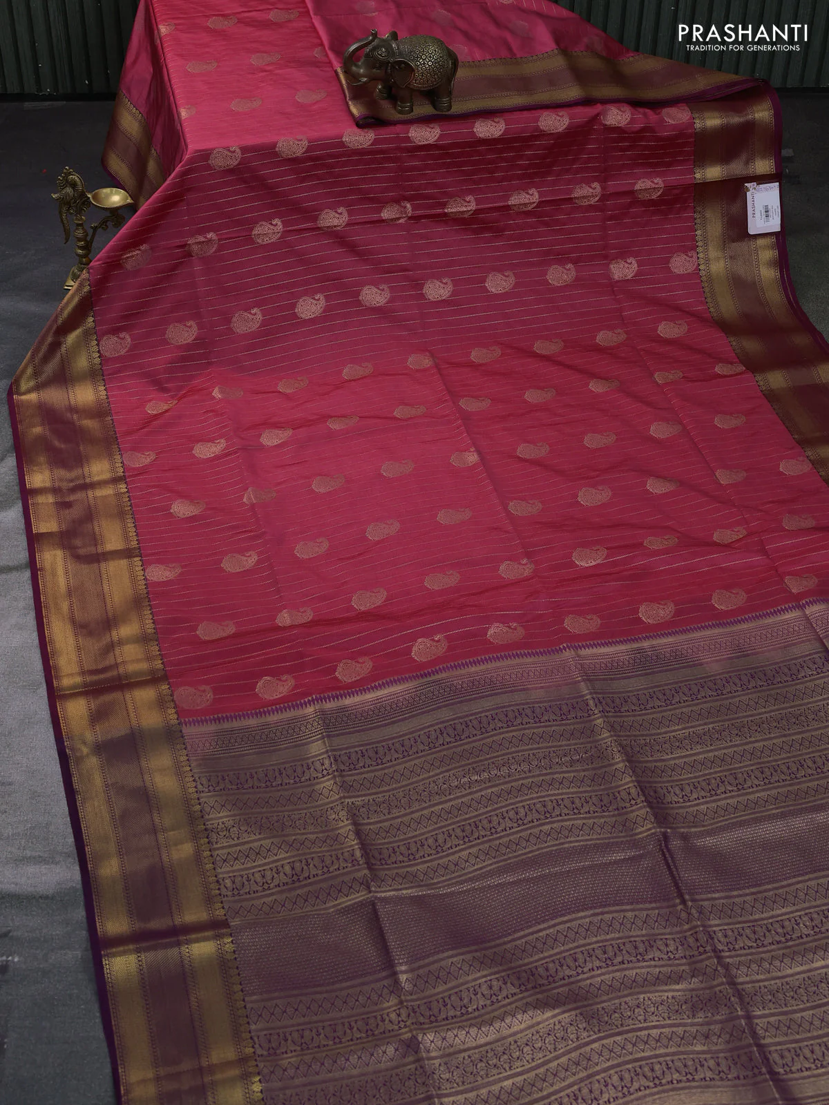 Semi soft silk saree peach pink and violet with allover zari weaves & buttas and zari woven border - Image 2