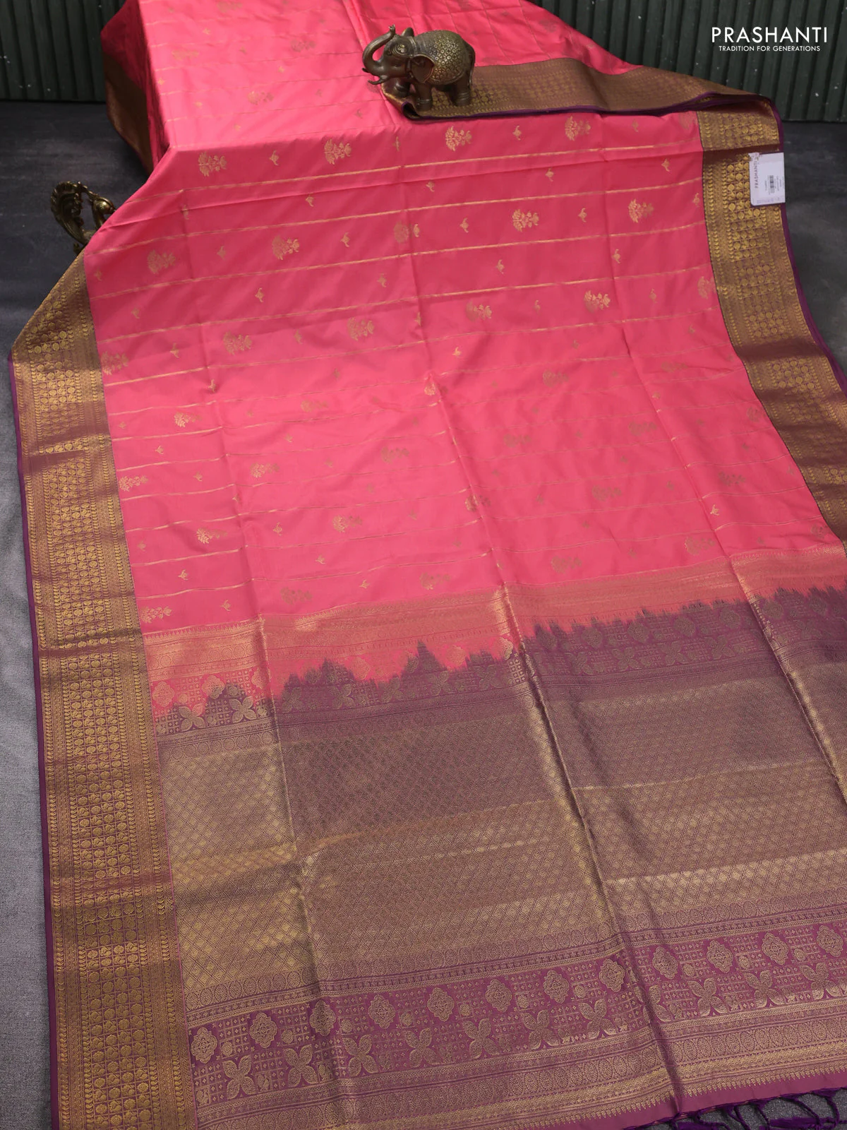 Semi soft silk saree peach pink and violet with allover zari weaves & buttas and zari woven border - Image 2