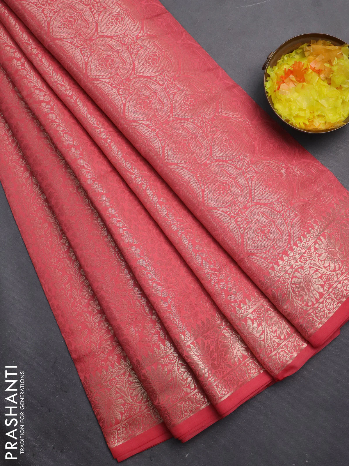 Semi soft silk saree peach pink with allover zari woven brocade weaves -Without blouse