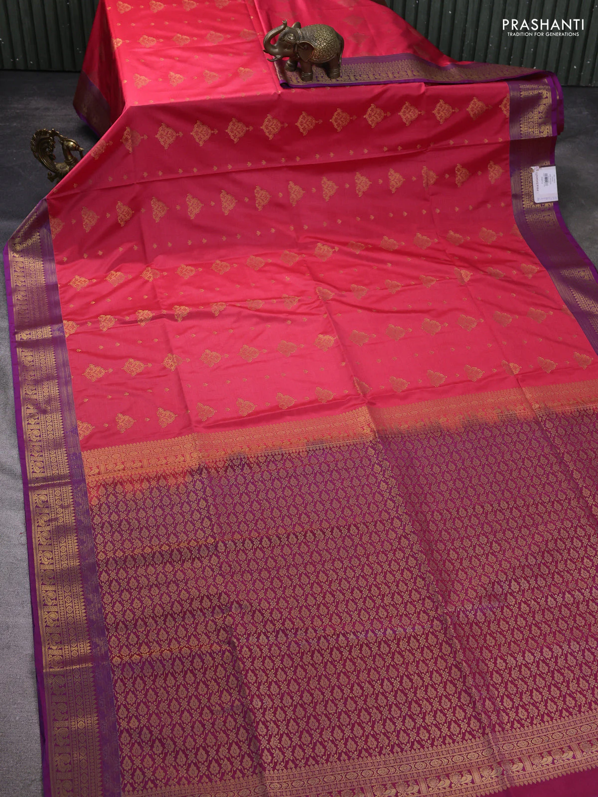 Semi soft silk saree peach shade and blue with allover zari woven buttas and zari woven korvai border - Image 2