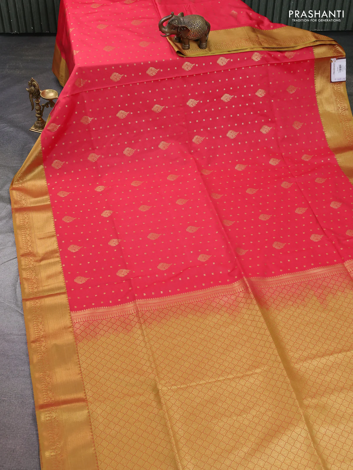 Semi soft silk saree peach shade and dark mustard with allover zari woven buttas and zari woven korvai border - Image 2