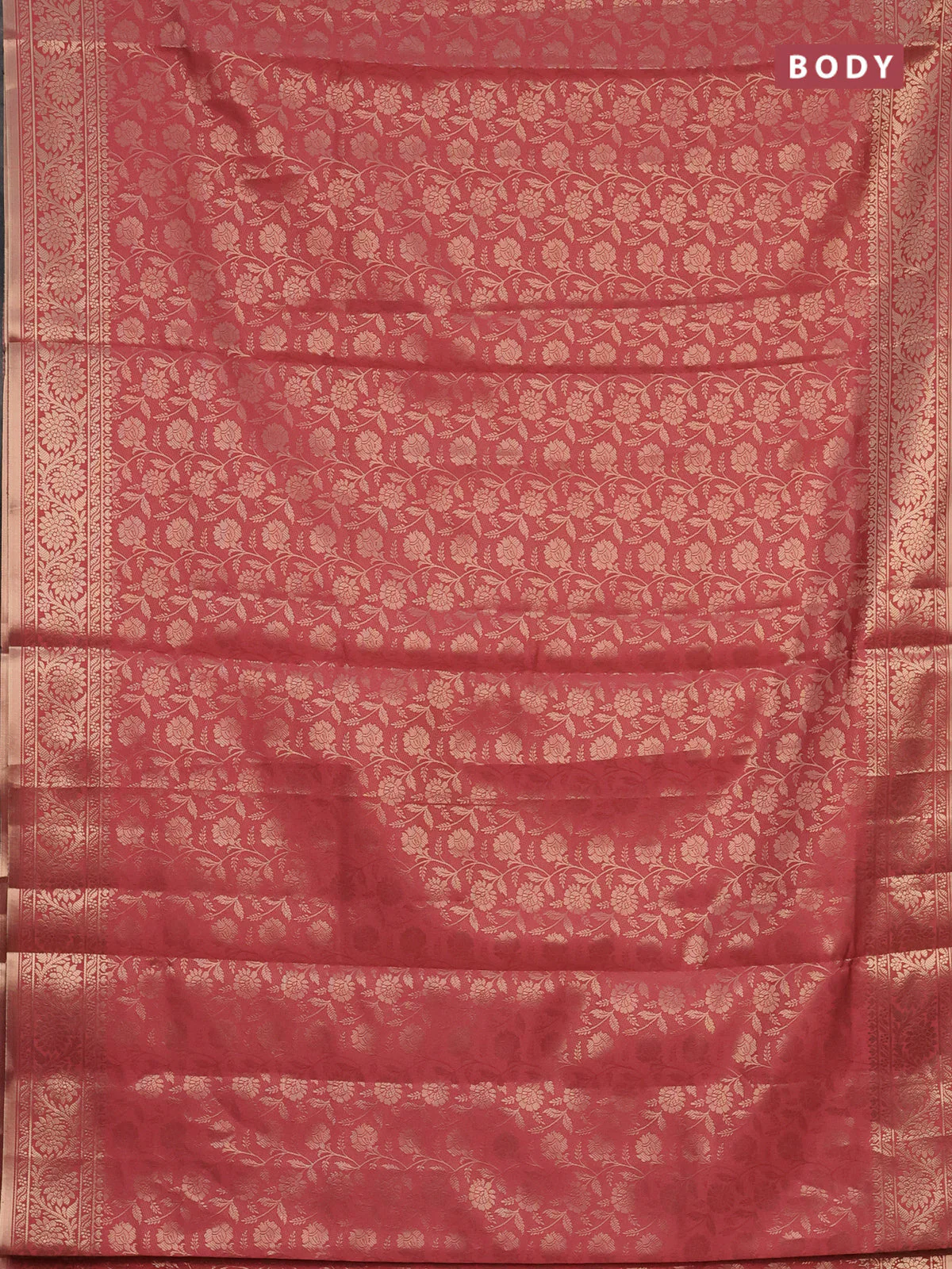 Semi soft silk saree peach shade with allover zari woven brocade weaves -Without blouse - Image 2