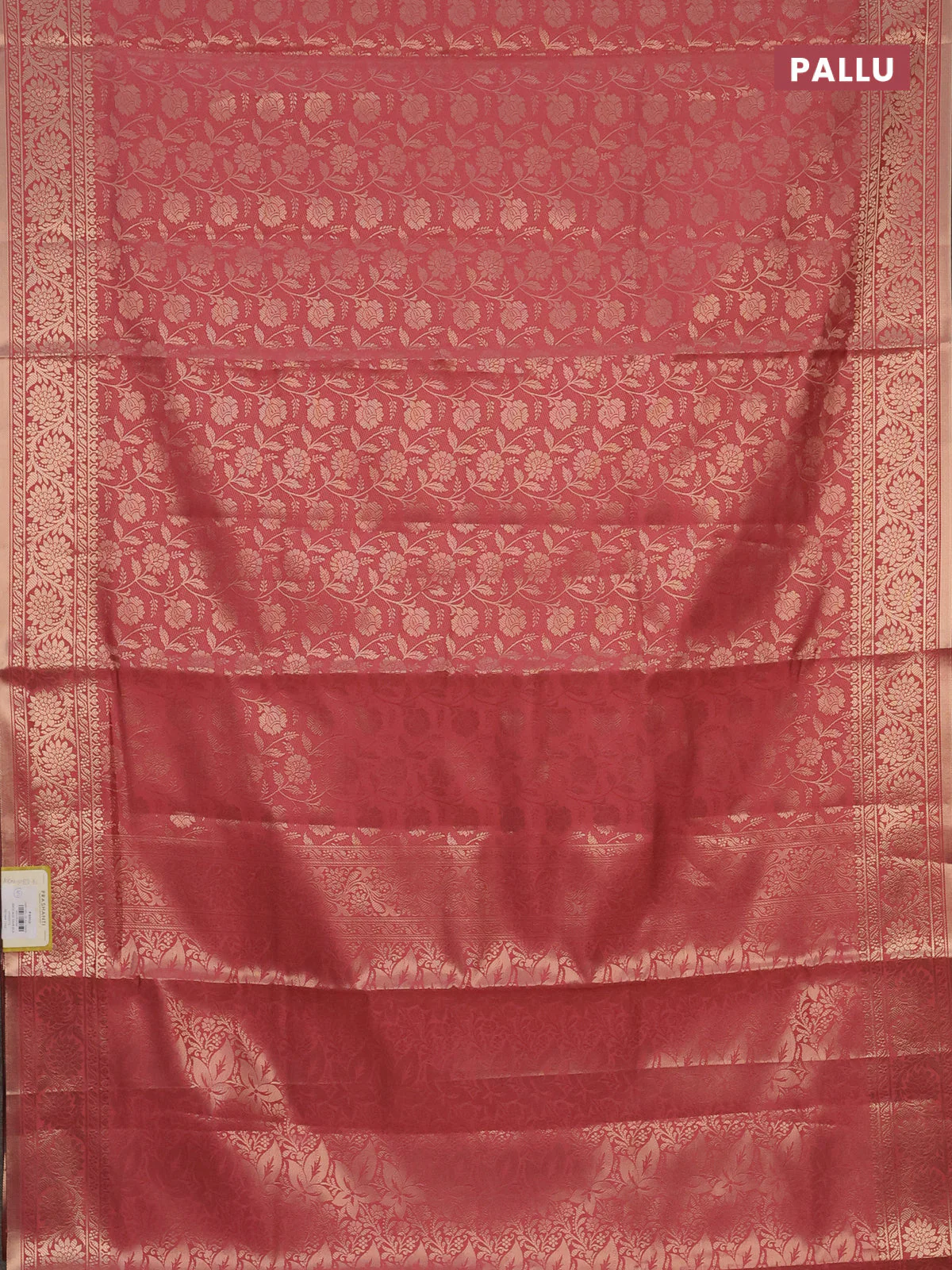 Semi soft silk saree peach shade with allover zari woven brocade weaves -Without blouse - Image 3