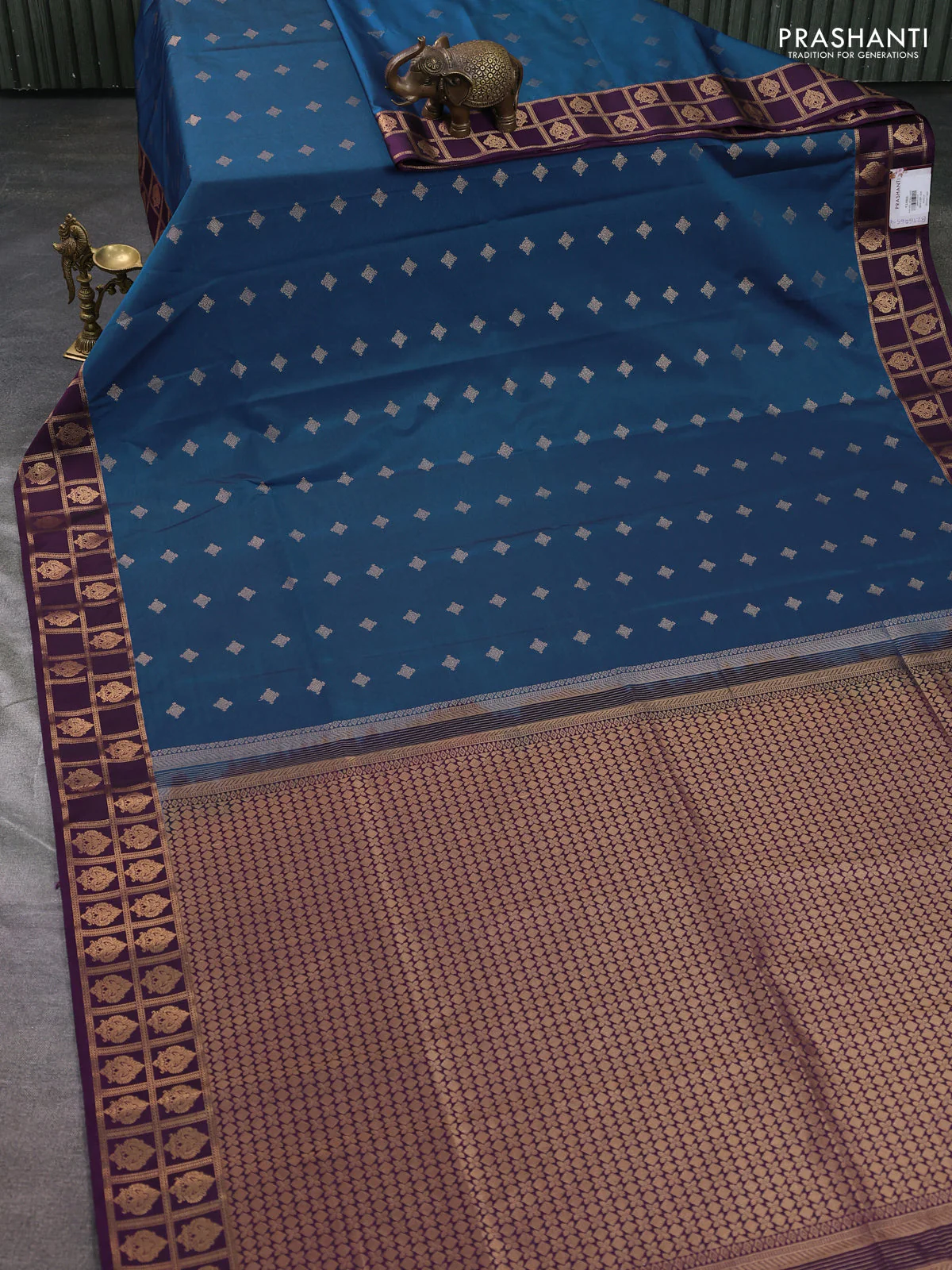 Semi soft silk saree peacock blue and deep purple with allover zari woven buttas and rettapet zari woven border - Image 2