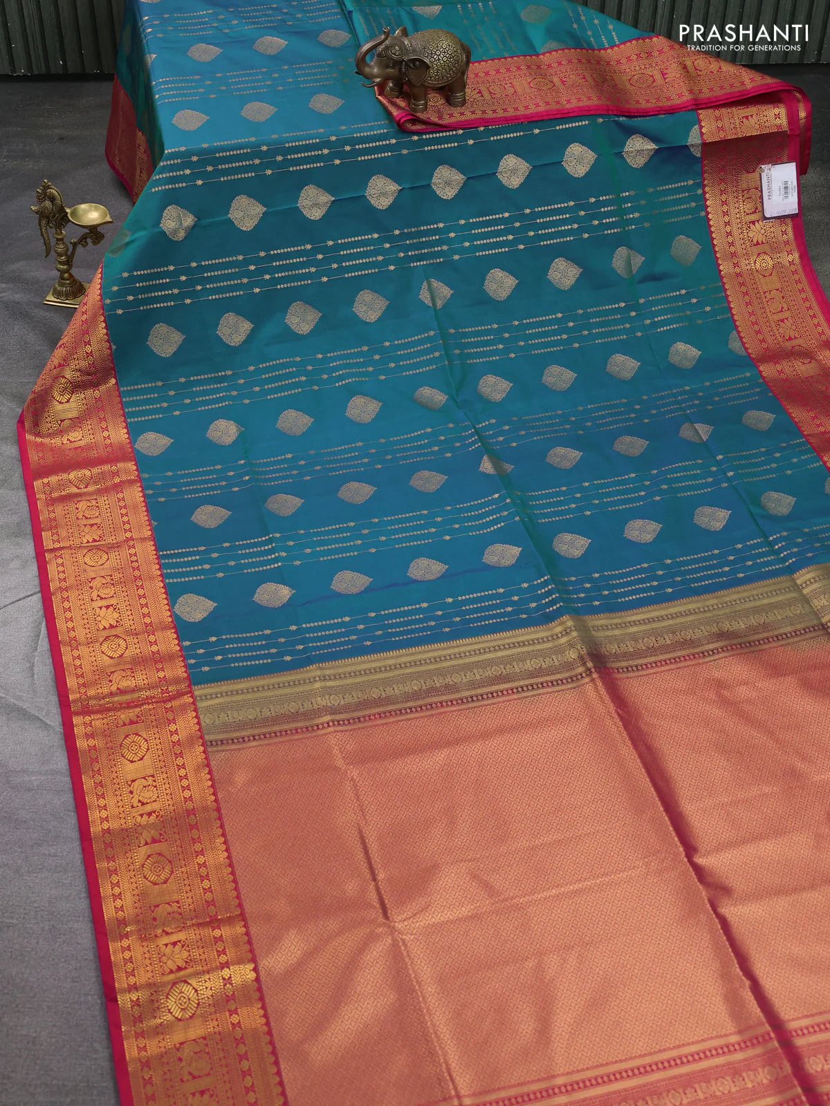 Semi soft silk saree peacock blue and pink with allover zari weaves & buttas and zari woven border - Image 2