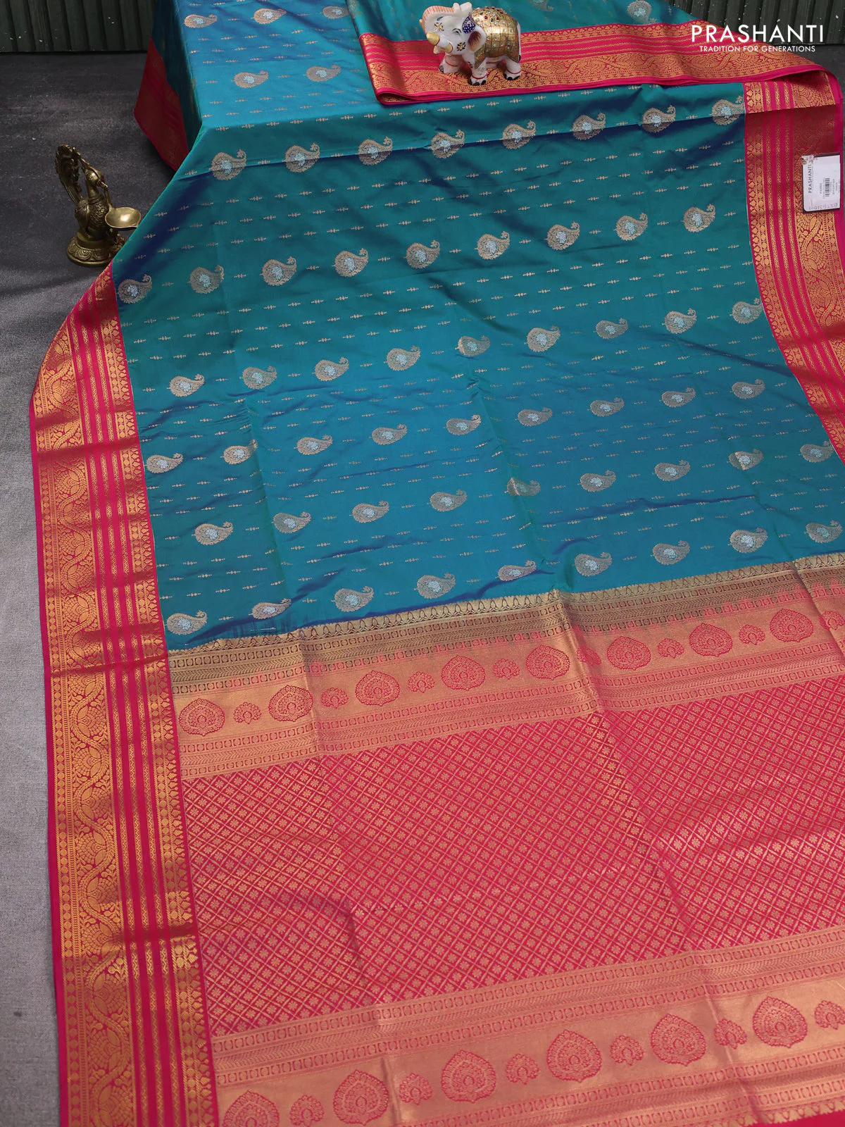 Semi soft silk saree peacock blue and pink with allover zari woven buttas and zari woven border - Image 2