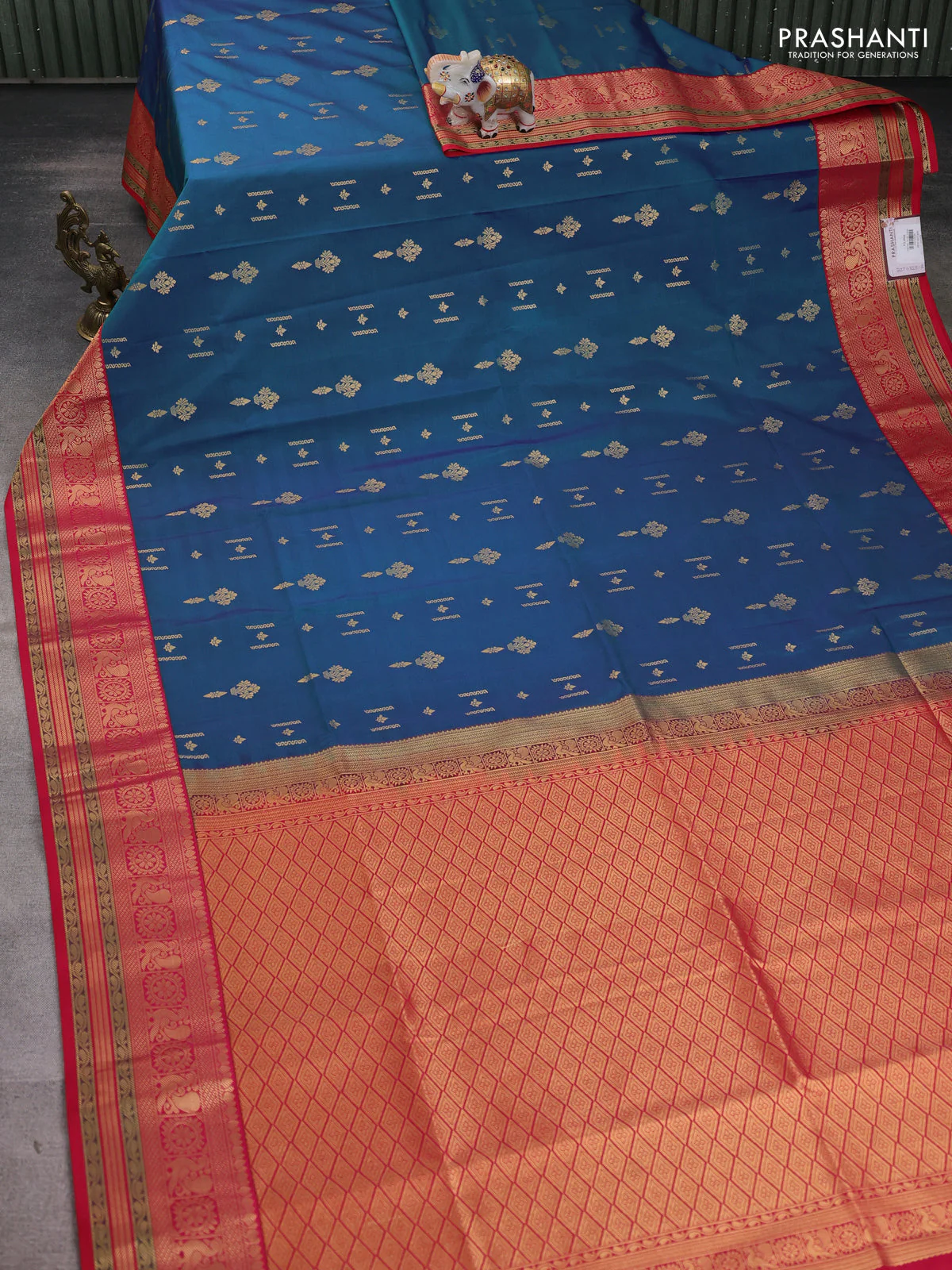 Semi soft silk saree peacock blue and red with zari woven buttas and zari woven korvai border - Image 2