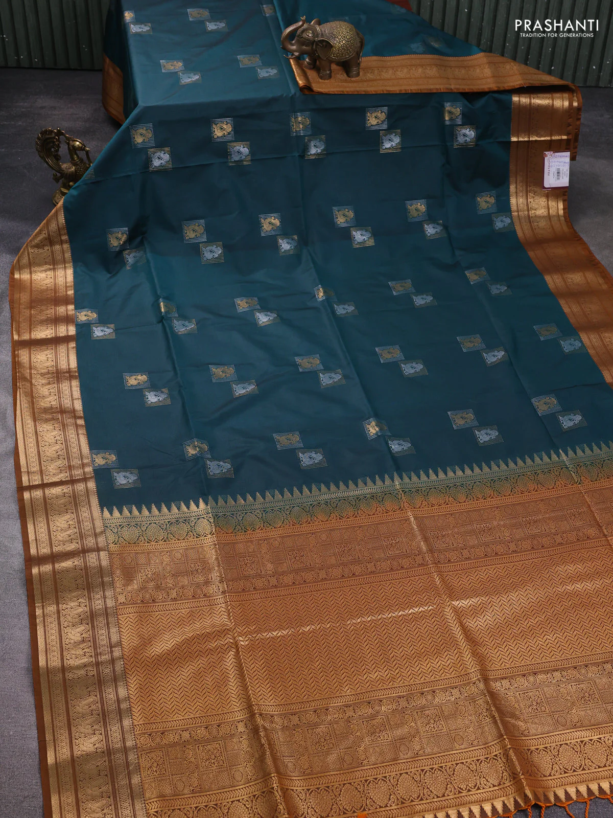 Semi soft silk saree peacock green and dark mustard with zari woven buttas and zari woven border - Image 2