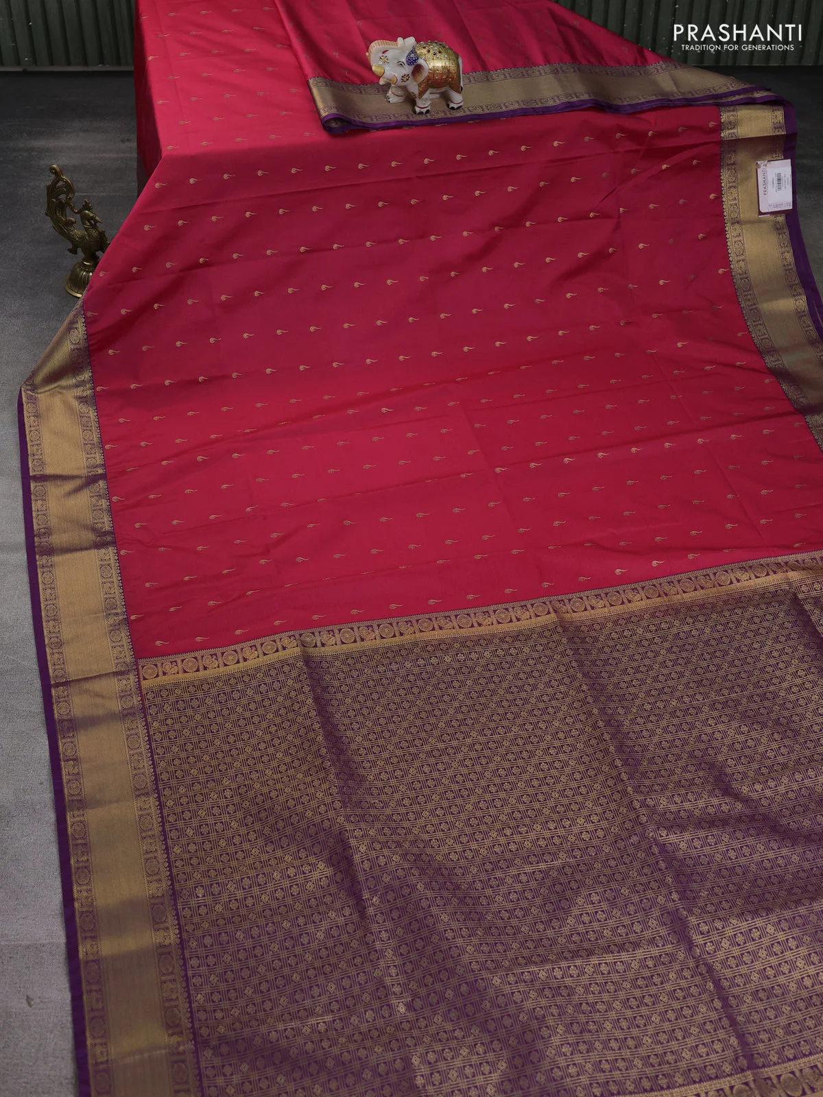 Semi soft silk saree pink and purple with allover zari woven buttas and zari woven border - Image 2