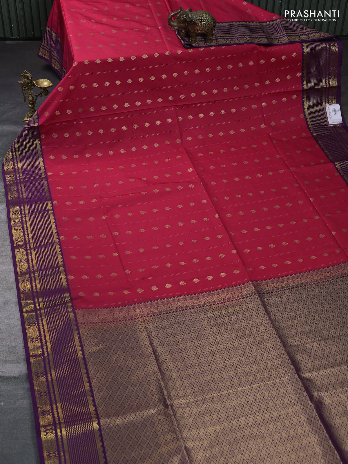 Semi soft silk saree pink and purple with allover zari woven buttas and zari woven border - Image 2