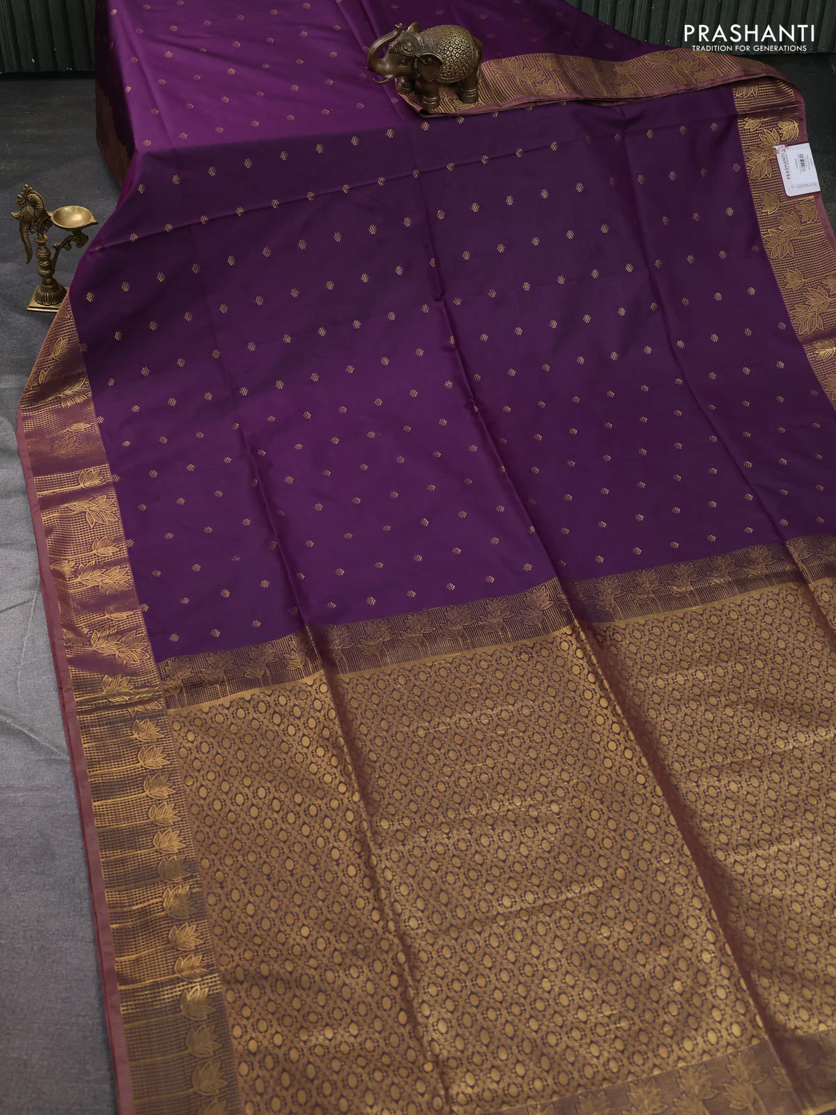 Semi soft silk saree purple and brown with allover zari woven buttas and zari woven border - Image 2