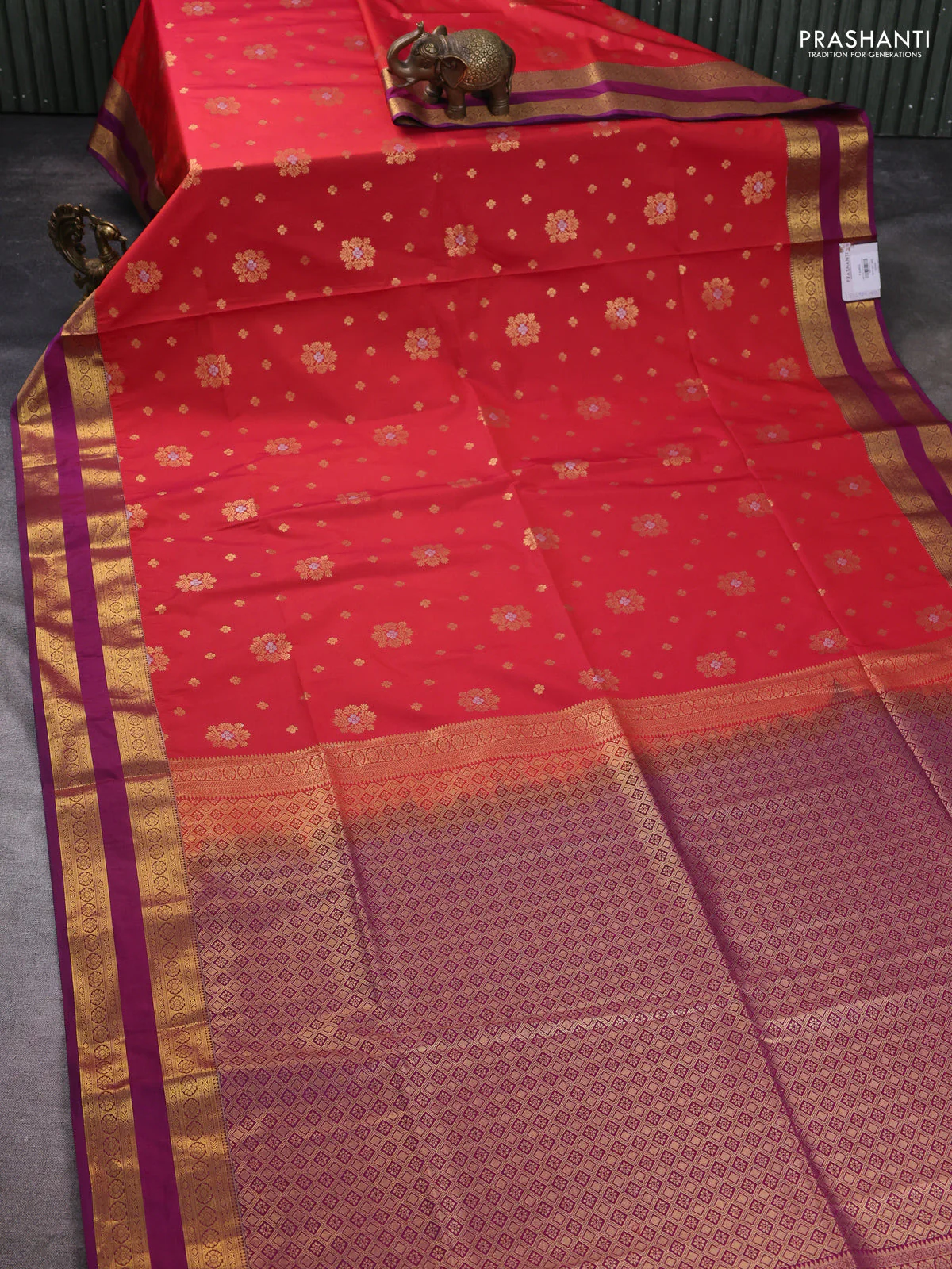 Semi soft silk saree reddish orange and purple with allover zari woven buttas and zari woven korvai border - Image 2