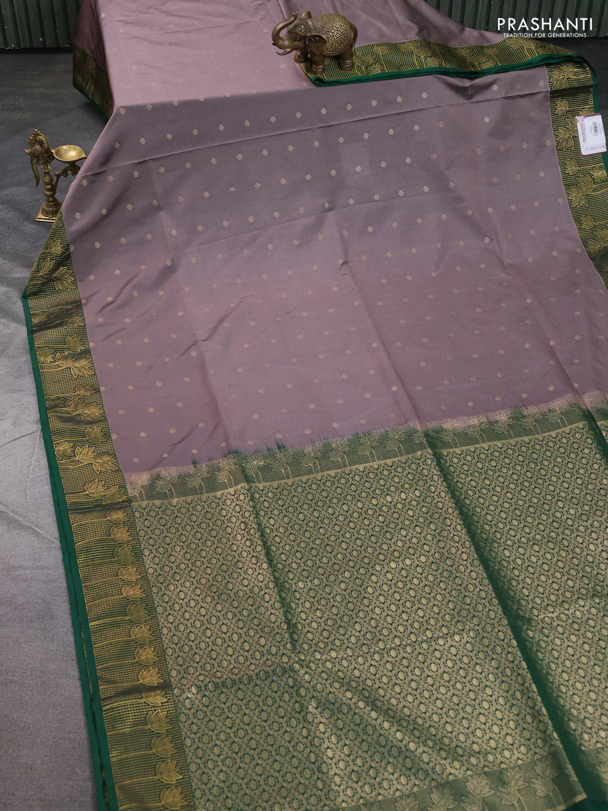 Semi soft silk saree rosy brown and green with allover zari woven buttas and zari woven border - Image 2