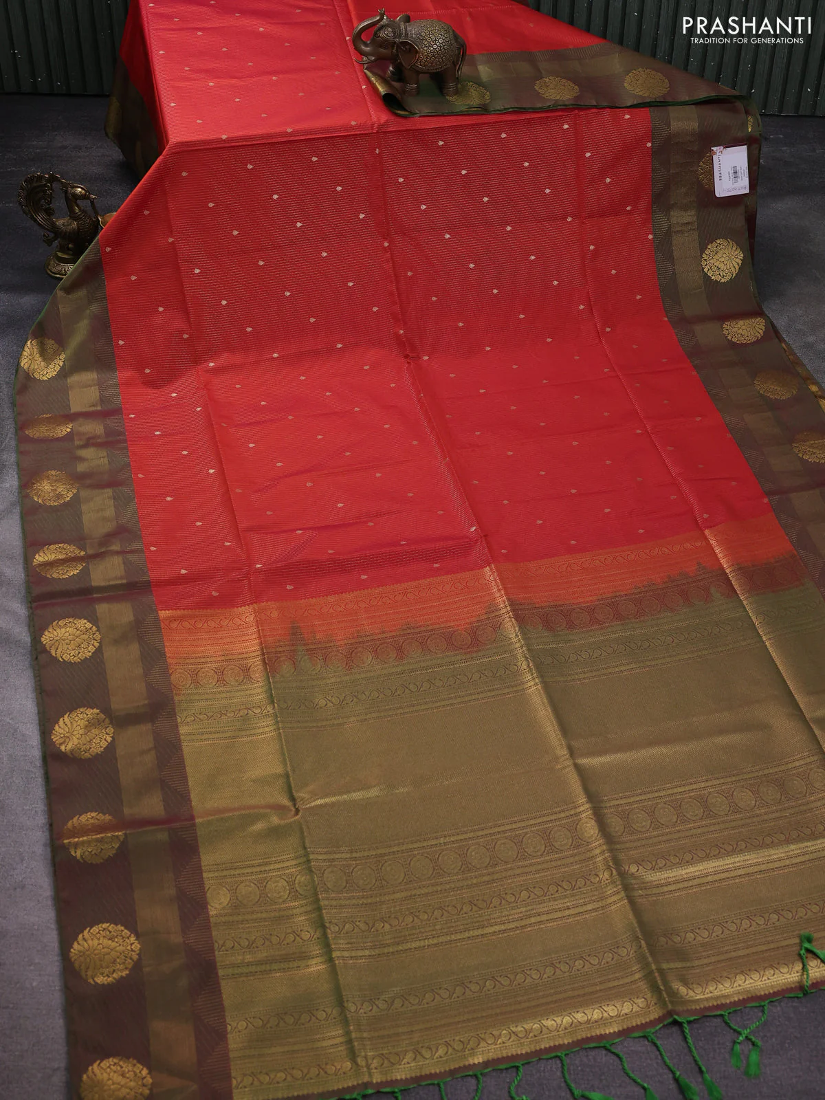 Semi soft silk saree rustic orange and green with allover zari weaves & buttas and zari woven border - Image 2