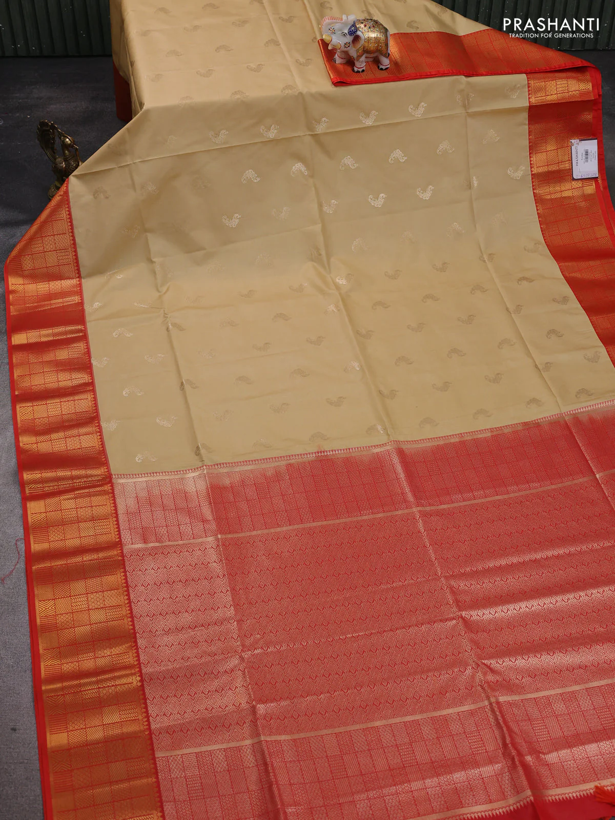 Semi soft silk saree sandal and orange with annam zari woven buttas and zari woven border - Image 2