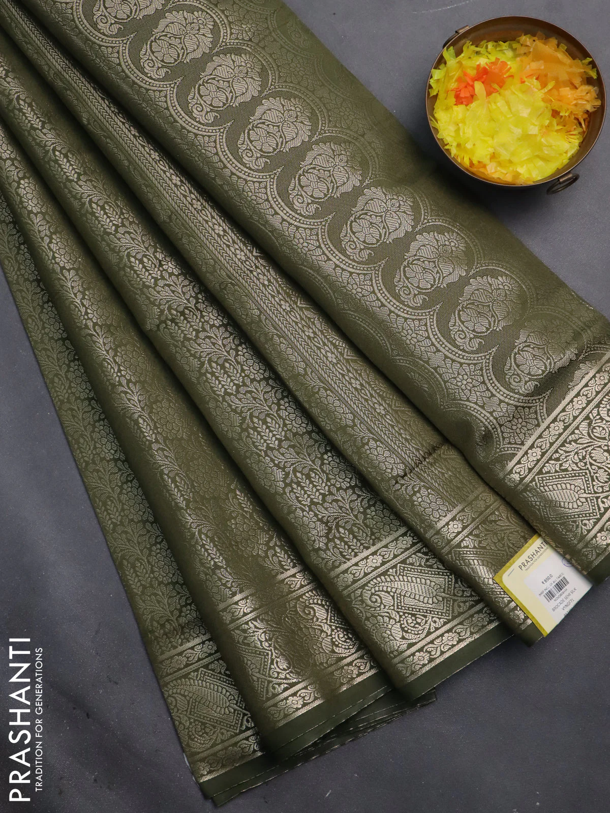 Semi soft silk saree sap green with allover zari woven brocade weaves -Without blouse