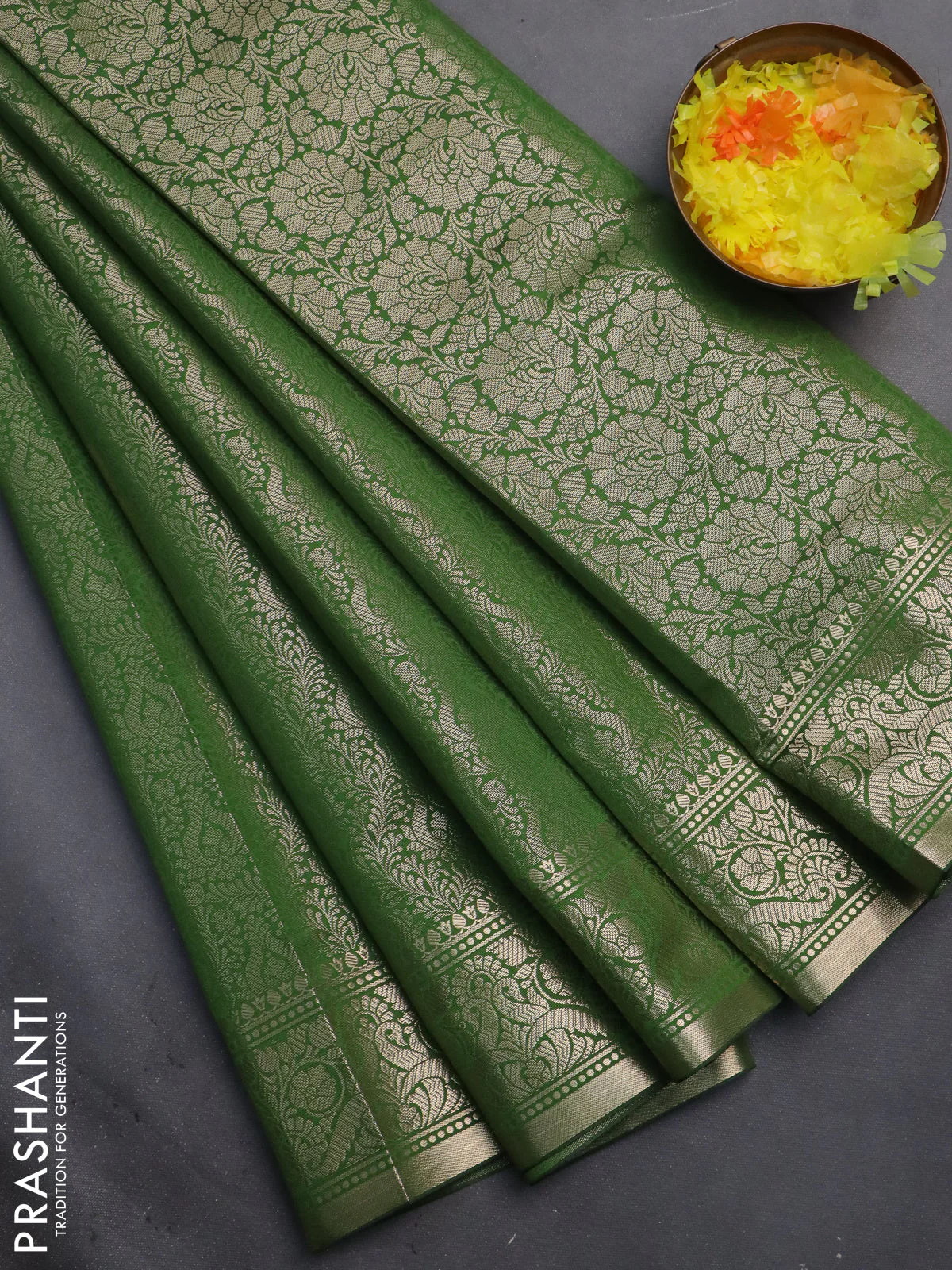 Semi soft silk saree sap green with allover zari woven brocade weaves -Without blouse
