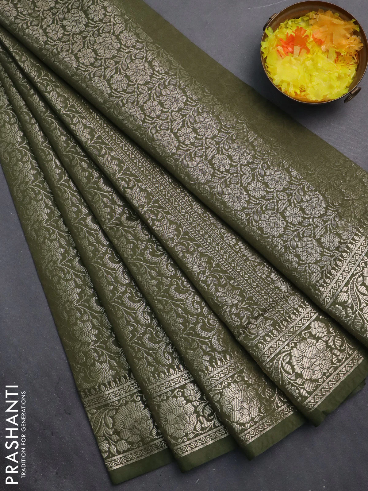 Semi soft silk saree sap green with allover zari woven brocade weaves -Without blouse