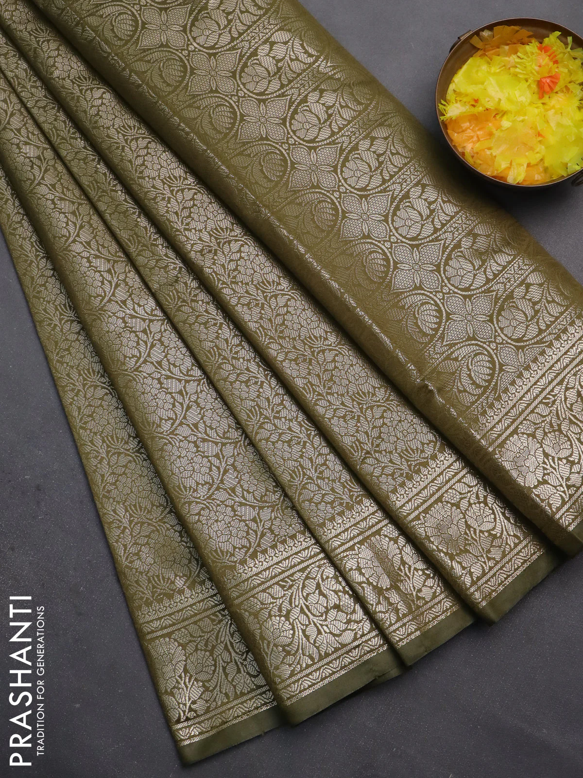 Semi soft silk saree sap green with allover zari woven brocade weaves -Without blouse
