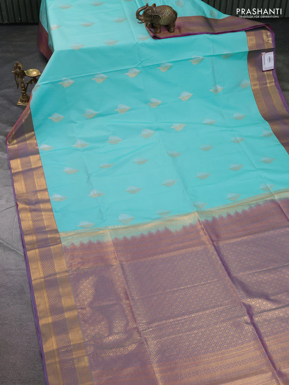 Semi soft silk saree teal blue and pink with allover zari woven buttas and zari woven korvai border - Image 2