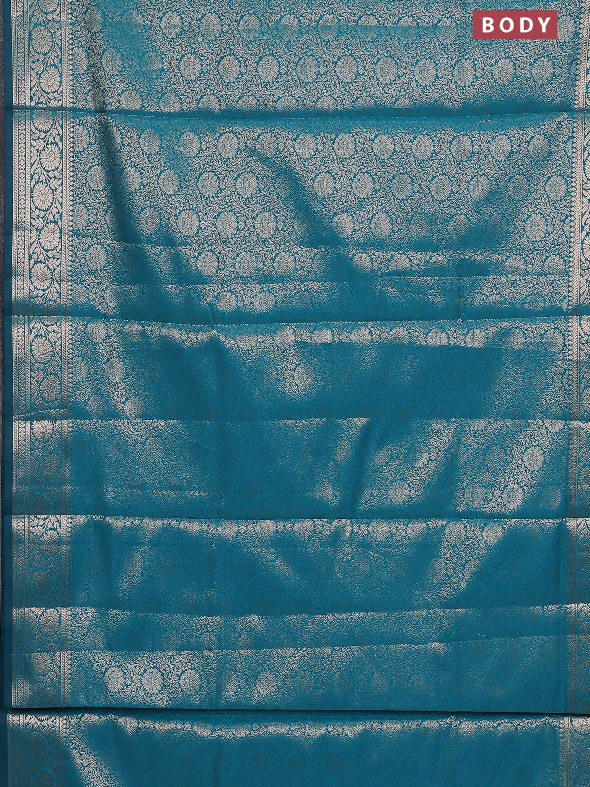 Semi soft silk saree teal blue with allover zari woven brocade weaves -Without blouse - Image 2
