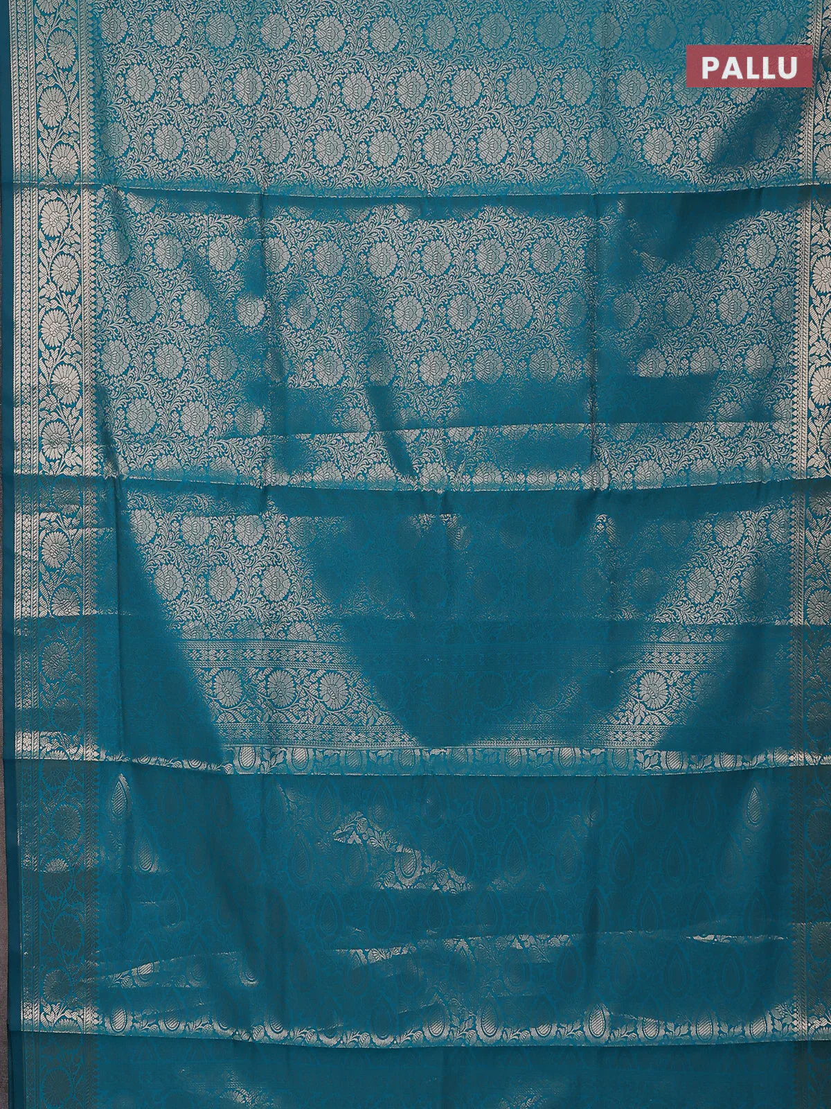 Semi soft silk saree teal blue with allover zari woven brocade weaves -Without blouse - Image 3