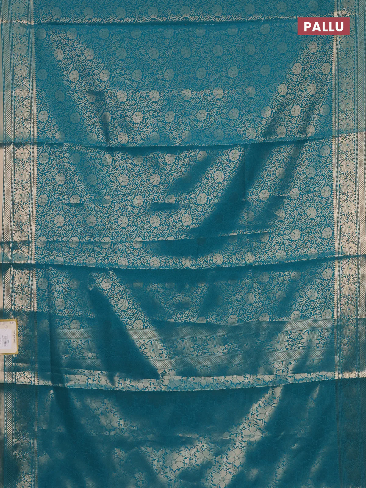 Semi soft silk saree teal blue with allover zari woven brocade weaves -Without blouse - Image 3